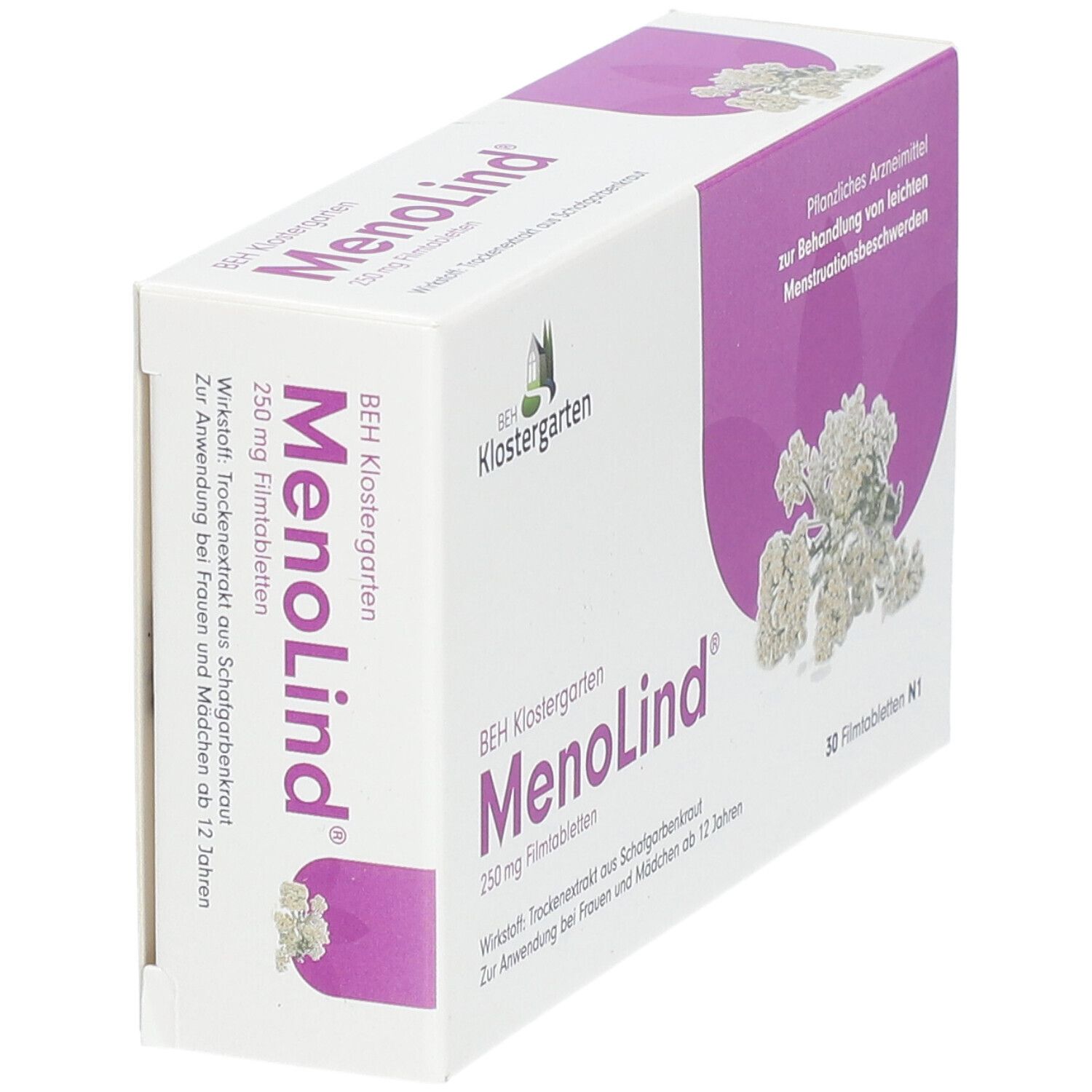 MenoLind®-Packung. Weißer Karton mit lila Akzenten. Text: BEH Klostergarten, 250 mg Filmtabletten, 50 Stück.