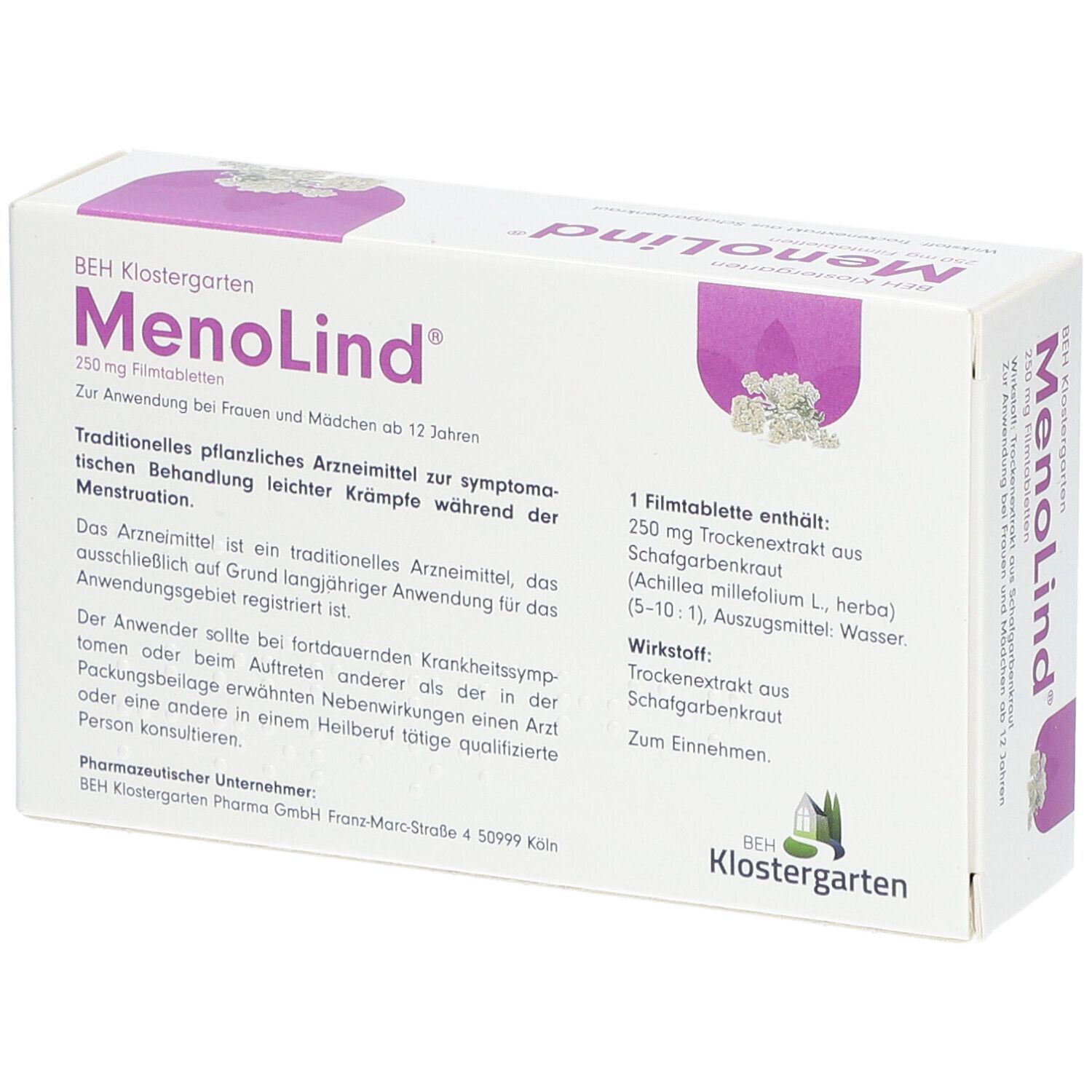 MenoLind®-Packung. Text: BEH Klostergarten, 250 mg Filmtabletten. Rückseite mit Text.
