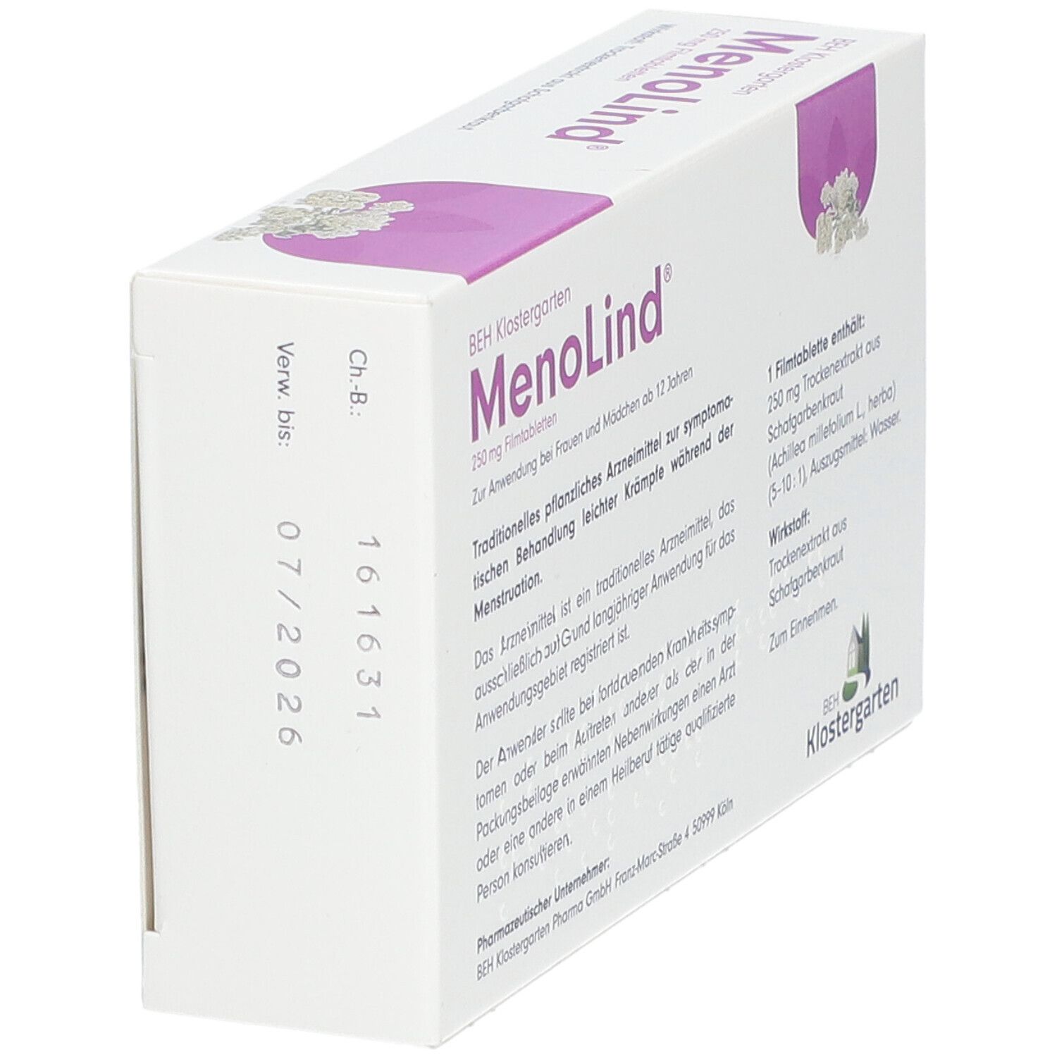 MenoLind®-Packung. Text: BEH Klostergarten, 250 mg Filmtabletten. Rückseite mit Text und Verfallsdatum.