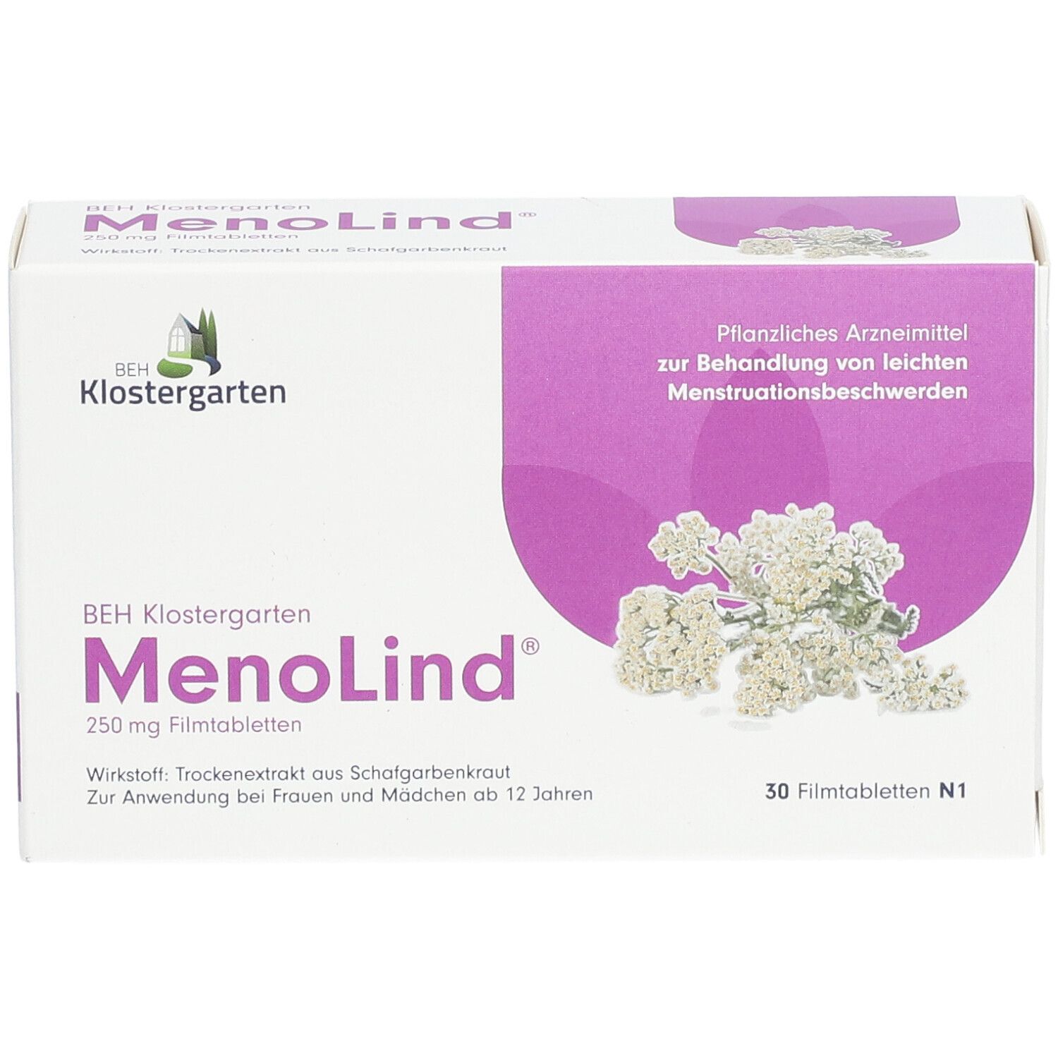 MenoLind®-Packung. Weißer Karton mit lila Akzenten. Text: BEH Klostergarten, 250 mg Filmtabletten, 30 Stück.