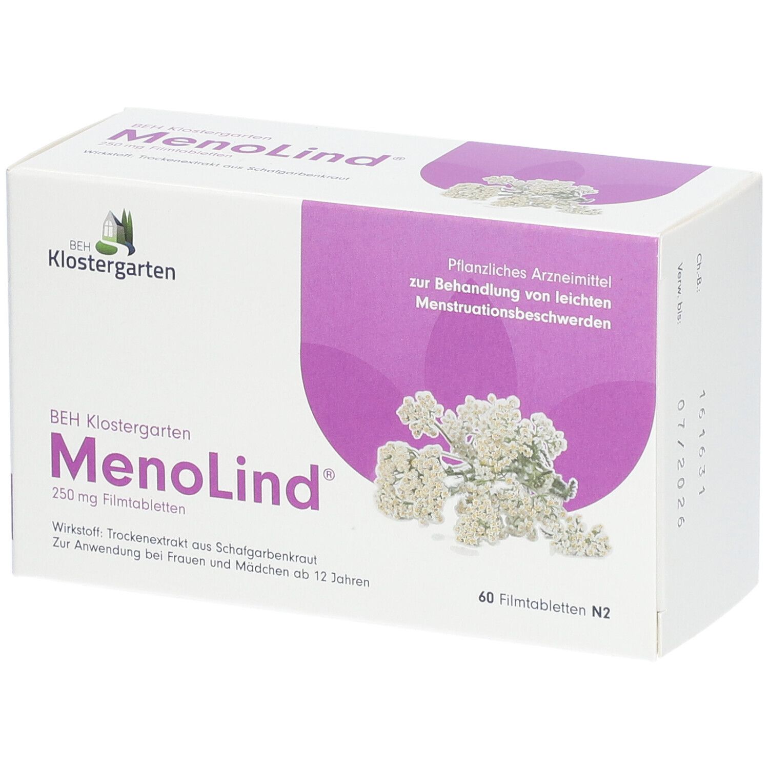 Verpackung von MenoLind 250 mg Filmtabletten. Enthält 60 Tabletten. Marke: BEH Klostergarten.