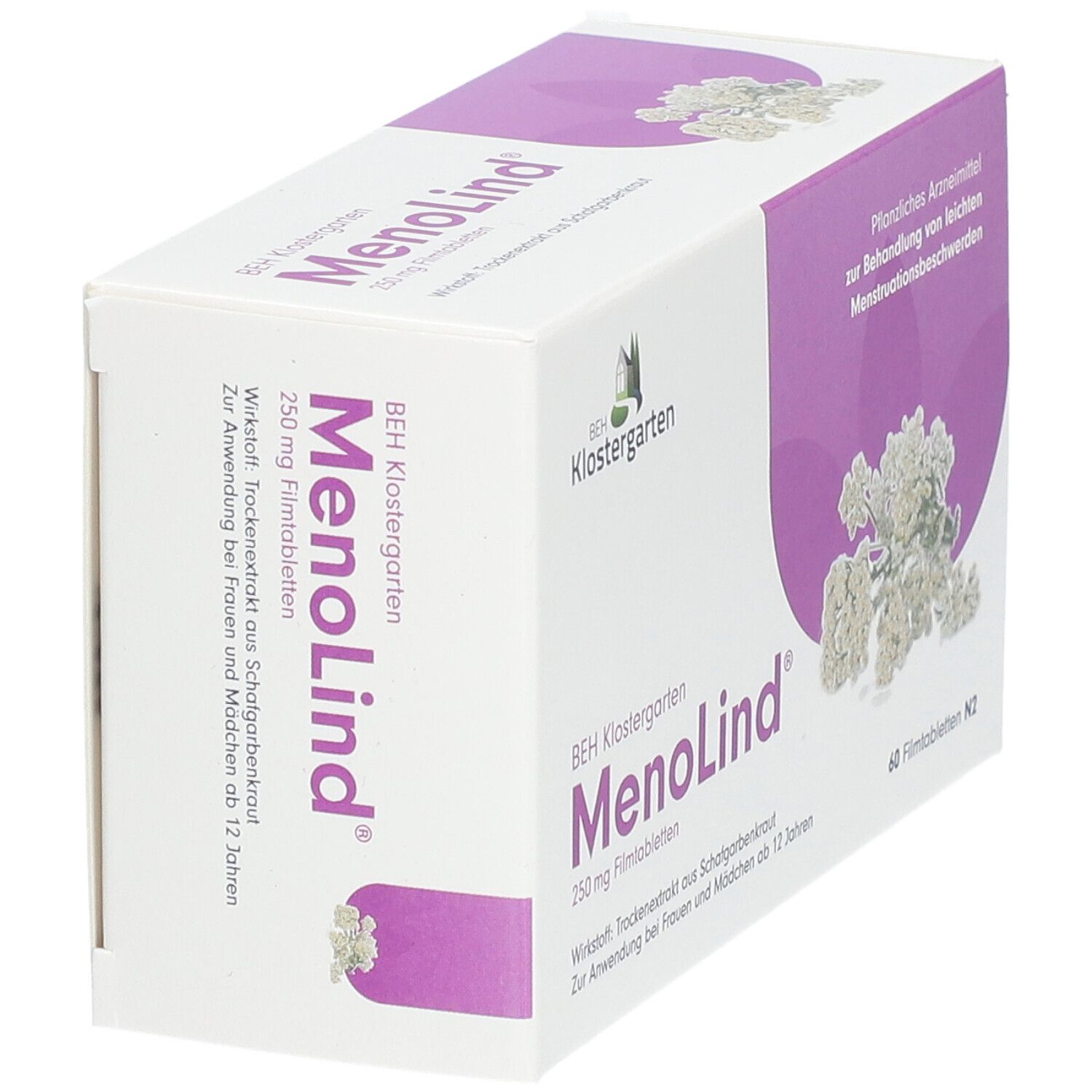 Schräg gestellte Verpackung von MenoLind 250 mg Filmtabletten. Marke: BEH Klostergarten.