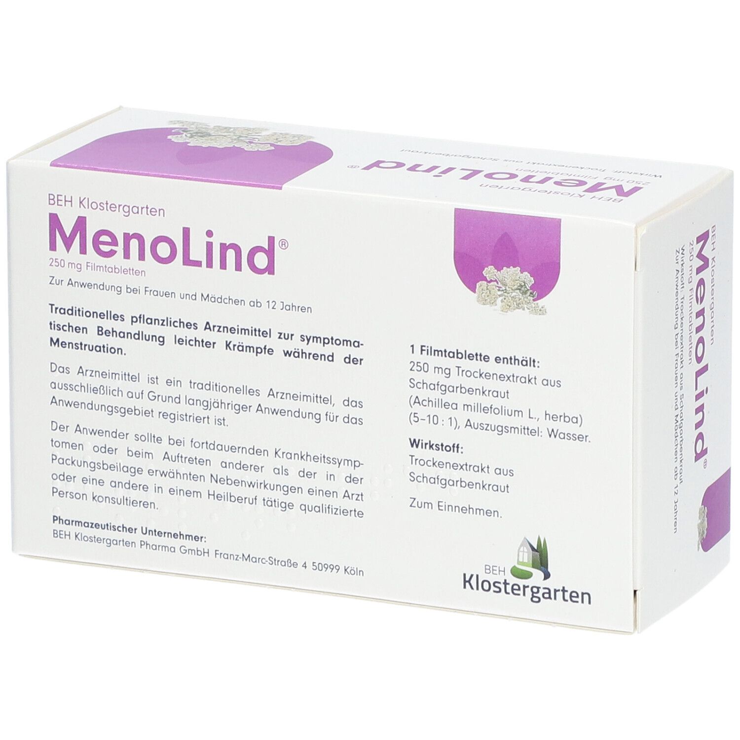 Rückseite der MenoLind-Verpackung. Text und Inhaltsstoffe.
