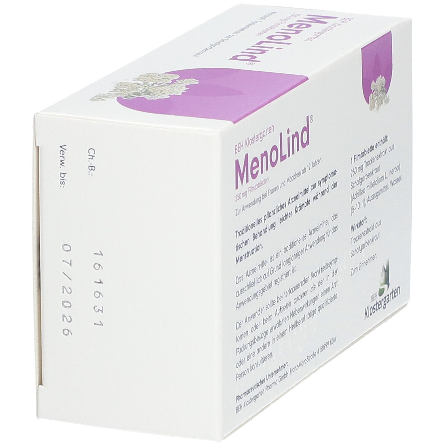 Rückseite der MenoLind-Verpackung. Text und Verfallsdatum 07/2026.
