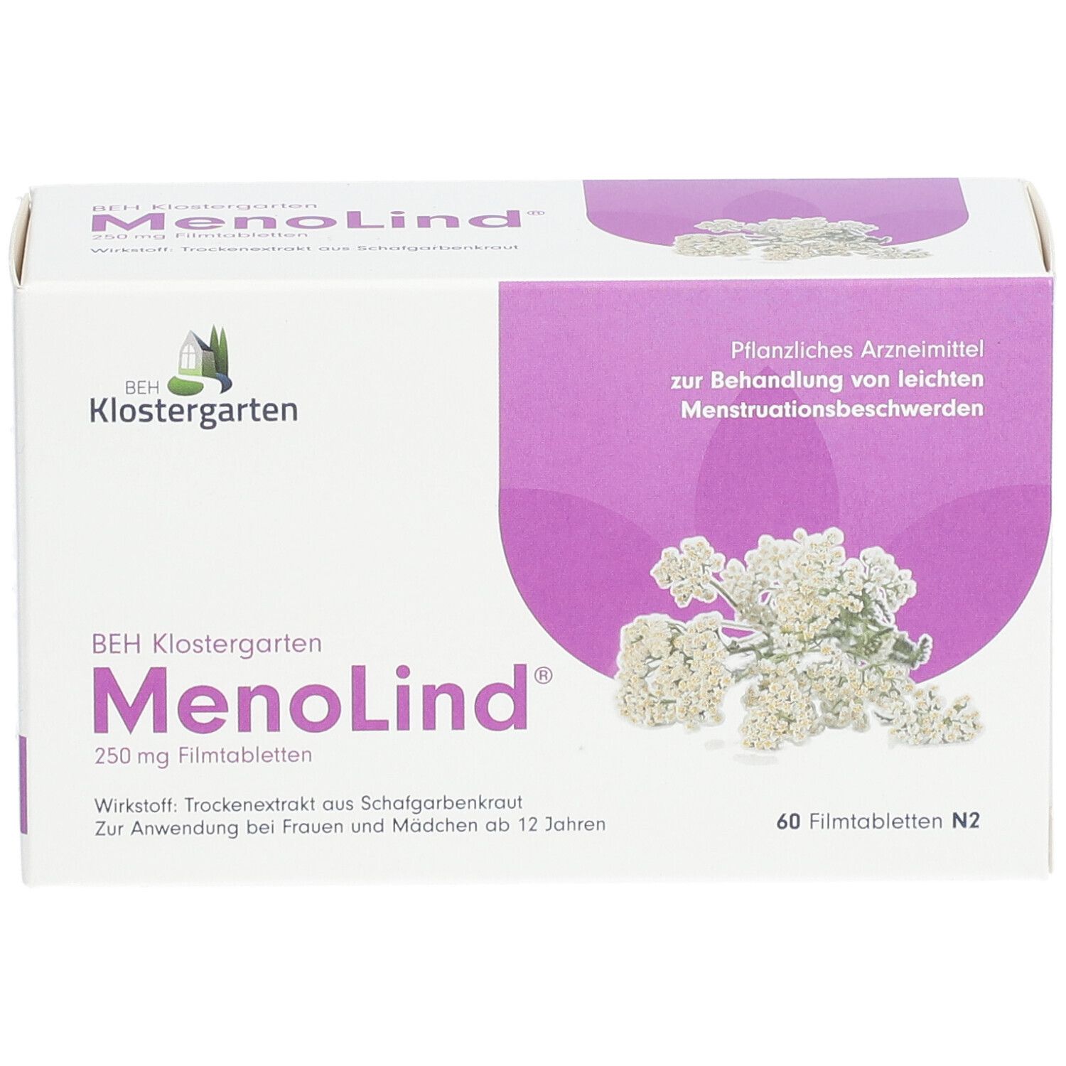 Verpackung von MenoLind 250 mg Filmtabletten. Enthält 60 Tabletten. Marke: BEH Klostergarten.