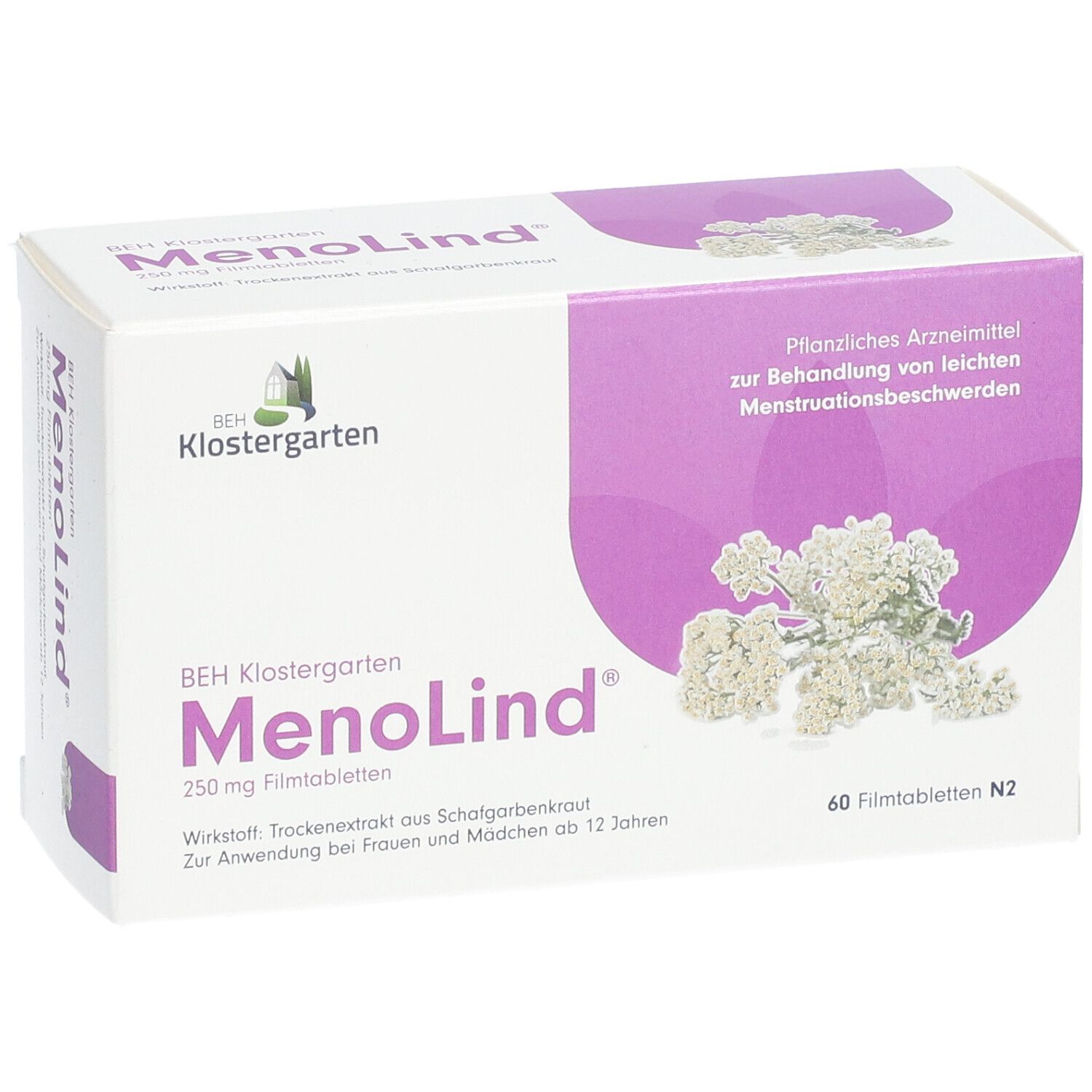 Verpackung von MenoLind 250 mg Filmtabletten. Enthält 60 Tabletten. Marke: BEH Klostergarten.