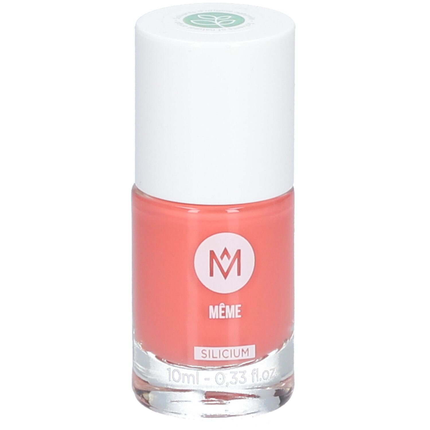 Nagellackflasche mit weißem Deckel. Rosa Nagellack. Aufschrift: MÊME, SILICIUM, 10ml - 0,33 fl.oz.