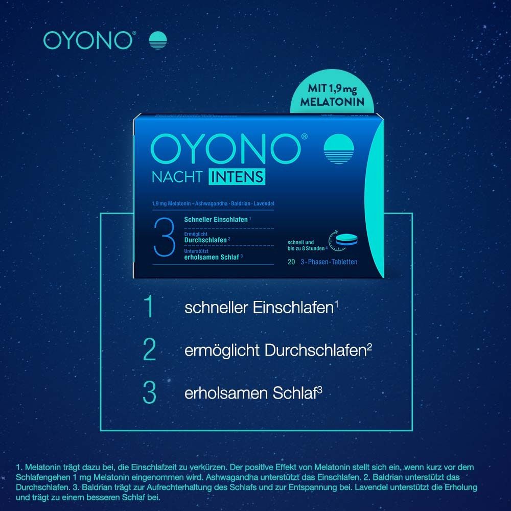 OYONO® Nacht Intens mit 1,9mg Melatonin und Ashwagandha, Baldrian, Lavendel