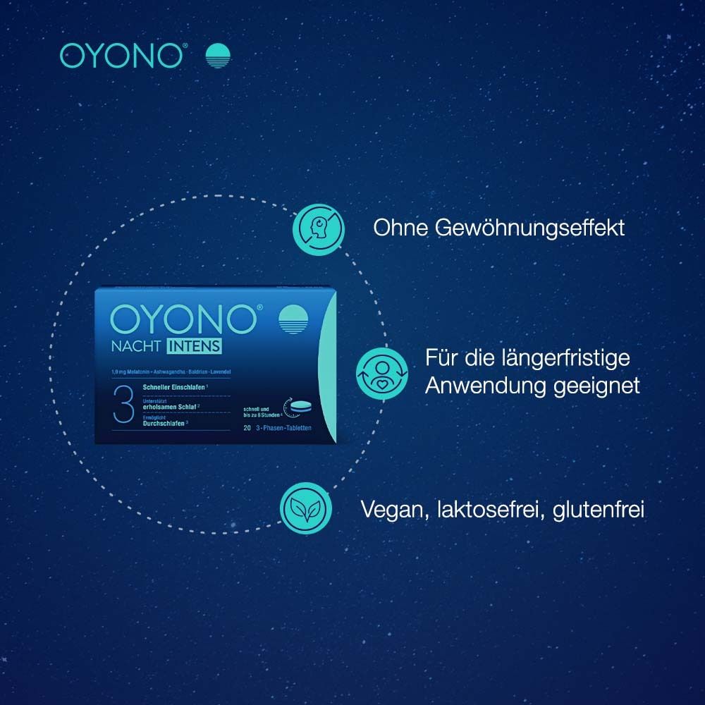 OYONO® Nacht Intens mit 1,9mg Melatonin und Ashwagandha, Baldrian, Lavendel