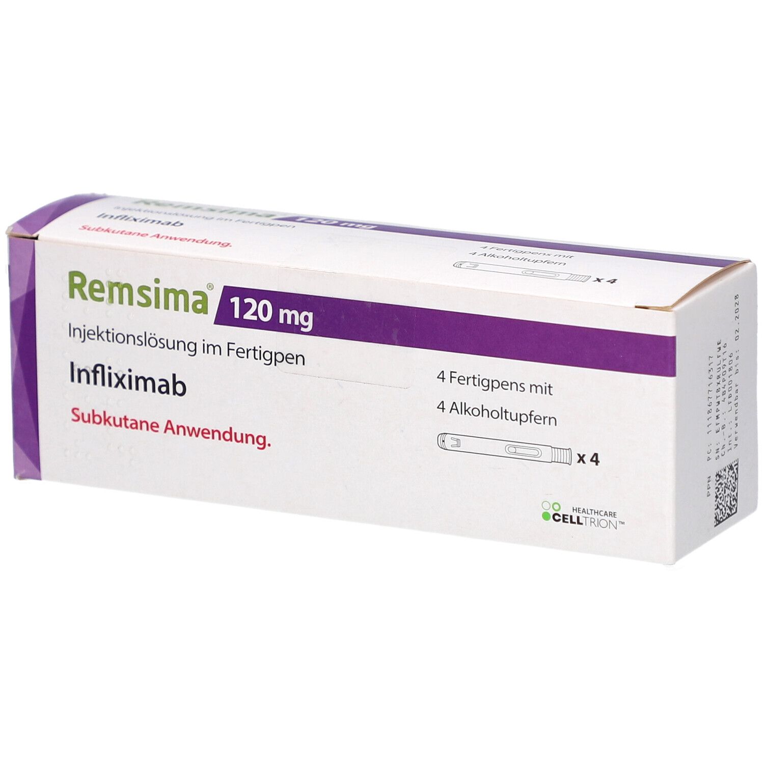 Karton REMSIMA 120 mg Injektionslösung im Fertigpen. Enthält 4 Fertigpens und 4 Alkoholtupfern. Subkutane Anwendung.