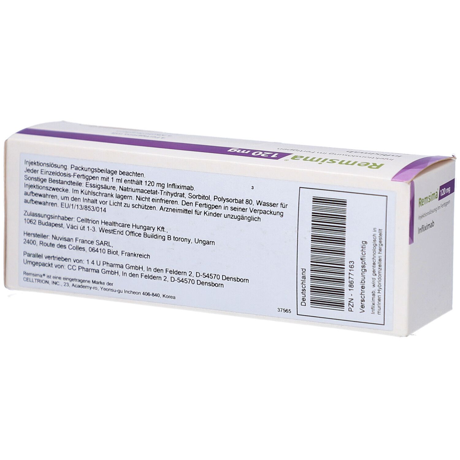 Rückseite der REMSIMA-Verpackung. Enthält Informationen zu Inhaltsstoffen, Hersteller und Chargennummer.