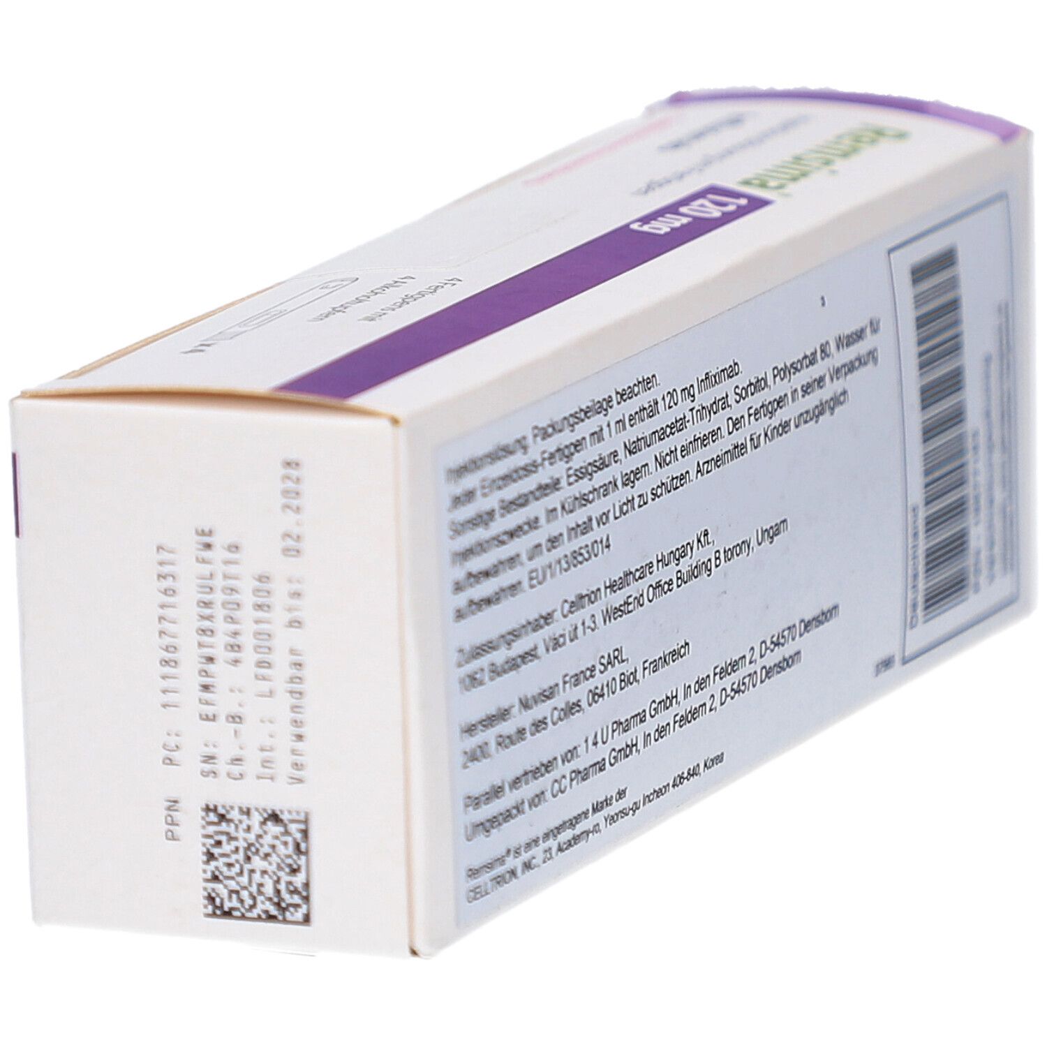 Detailansicht der REMSIMA-Verpackung. Informationen zu Chargennummer, Hersteller und Verfallsdatum.