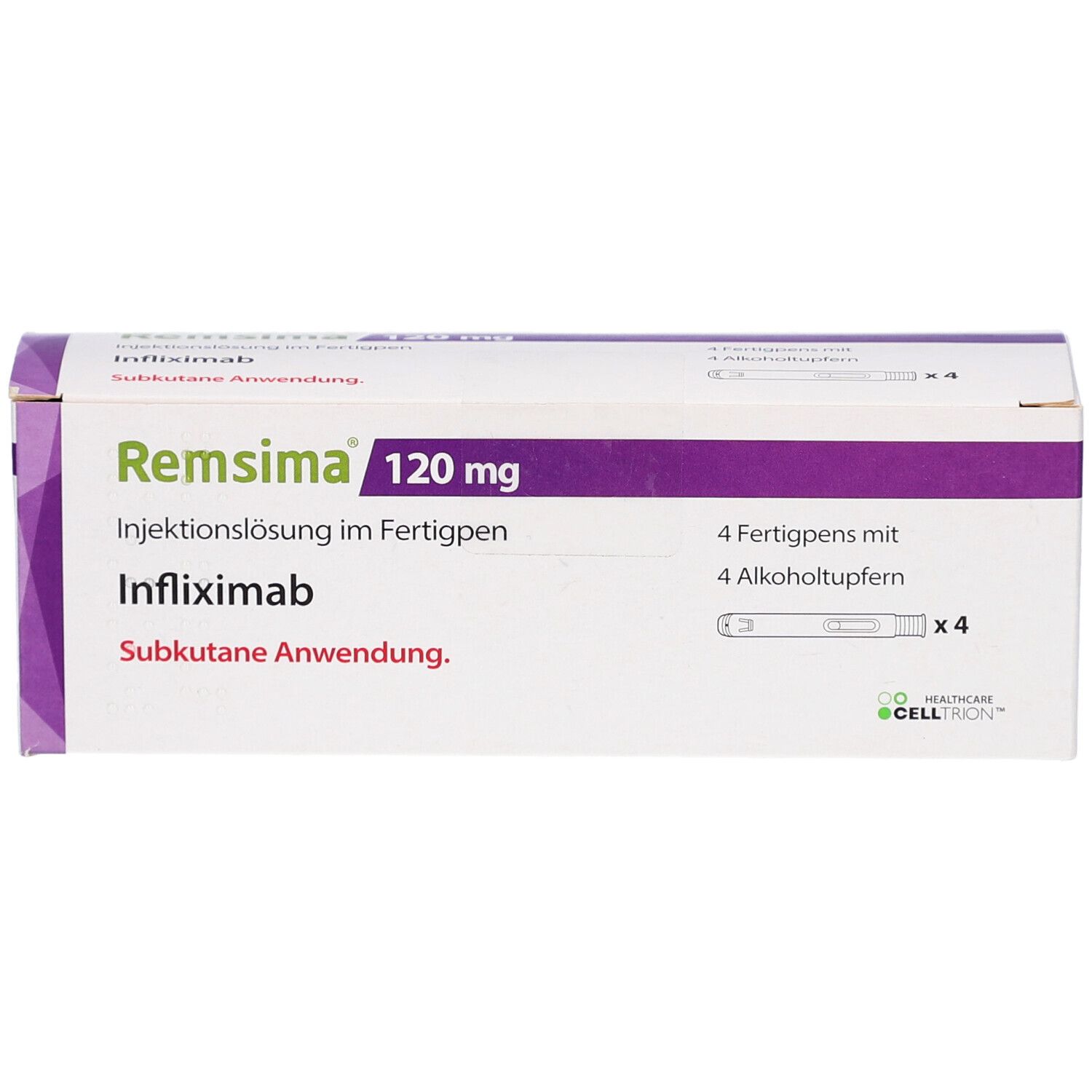 Karton REMSIMA 120 mg Injektionslösung im Fertigpen. Enthält 4 Fertigpens und 4 Alkoholtupfern. Subkutane Anwendung.