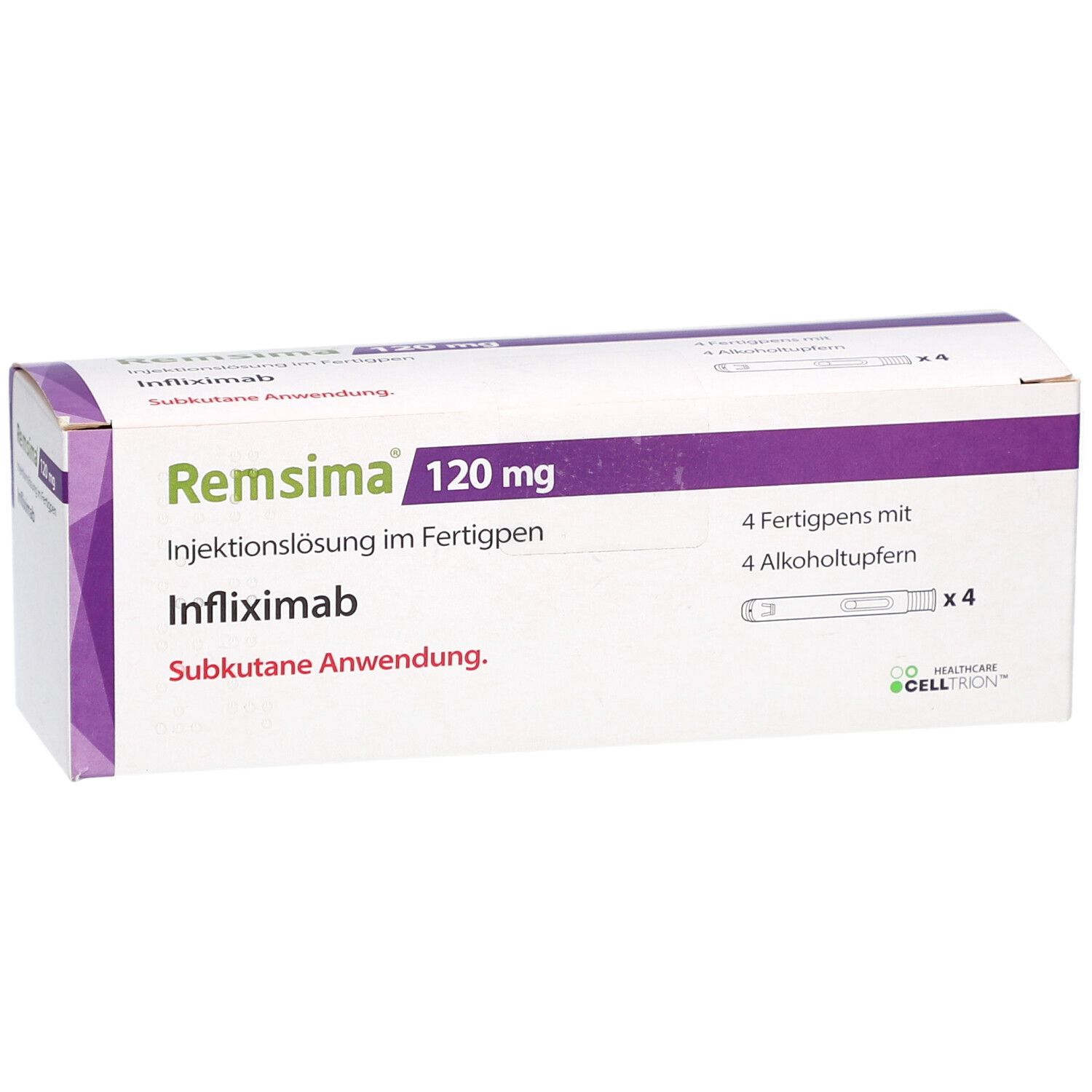 Karton REMSIMA 120 mg Injektionslösung im Fertigpen. Enthält 4 Fertigpens und 4 Alkoholtupfern. Subkutane Anwendung.
