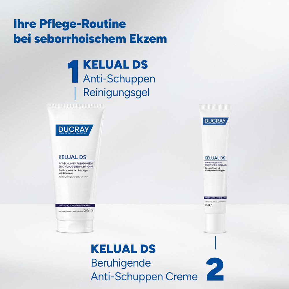 Pflege-Routine mit Ducray Kelual DS Gel und Creme. Text: Ihre Pflege-Routine bei seborrhoischem Ekzem.