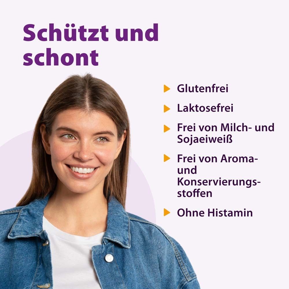 Junge Frau lächelt. Lila Hintergrund. Text: Schützt und schont. Glutenfrei, laktosefrei, frei von Milch- und Sojaeiweiß.