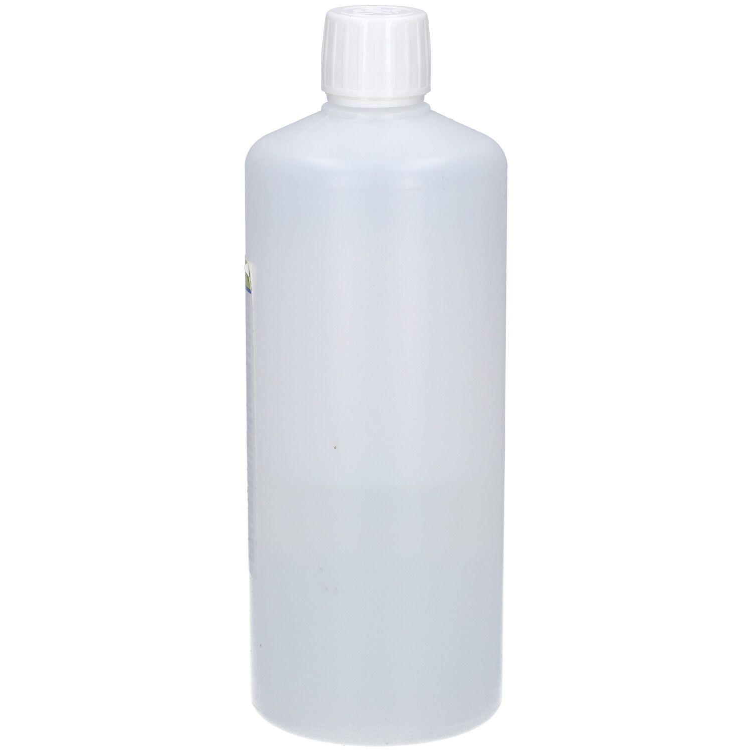 Zylindrische Flasche mit weißem Deckel. Klare Flüssigkeit. Keine Etiketten sichtbar.