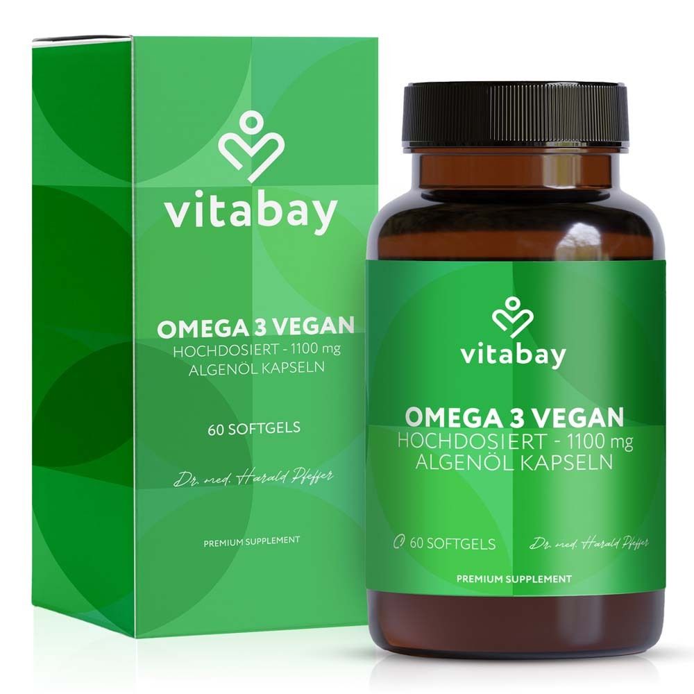 Grüne Verpackung und Flasche mit "vitabay® Omega 3 vegan 1100". 60 Softgels. Produktabbildung.
