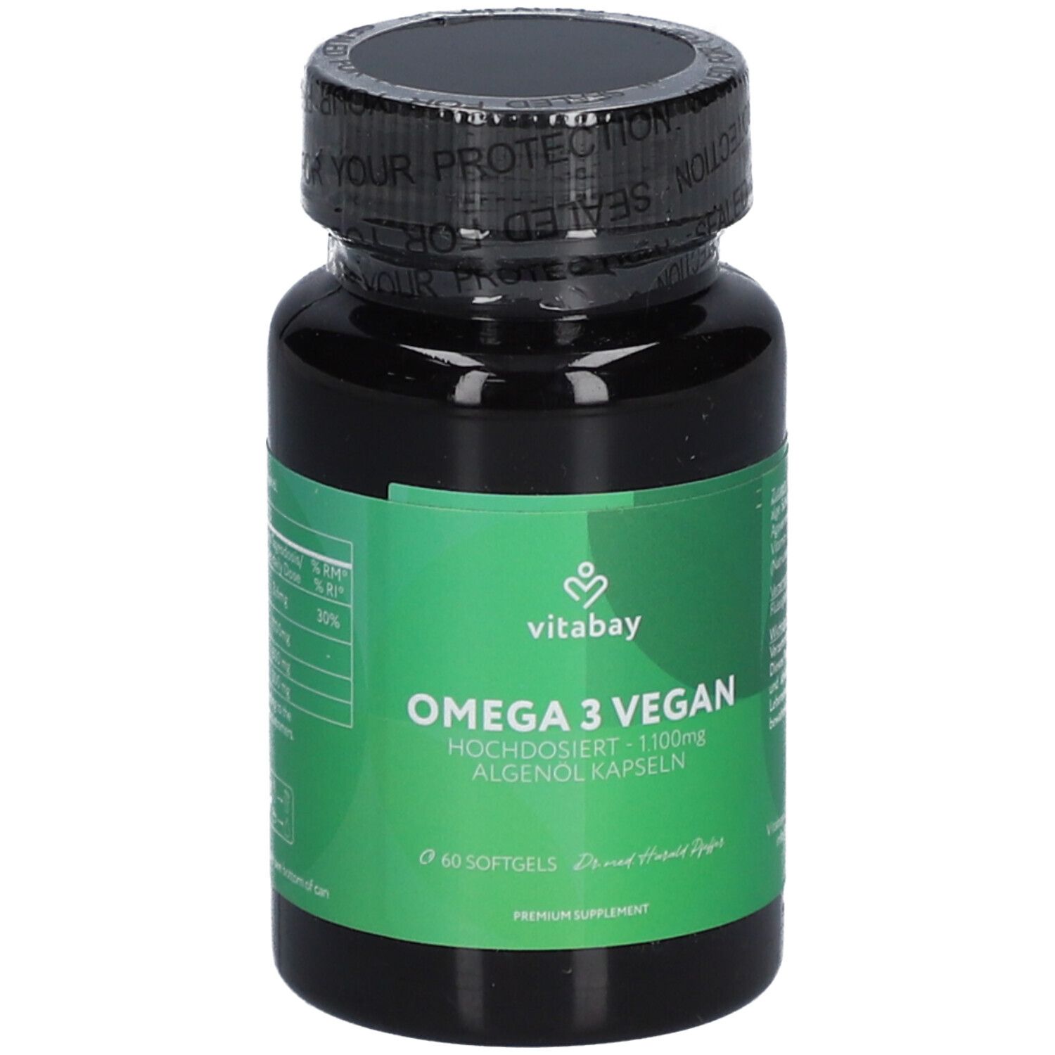 Schwarze Flasche mit grünem Etikett. Aufschrift: vitabay® Omega 3 Vegan, 1100mg Algenöl Kapseln. 60 Softgels.