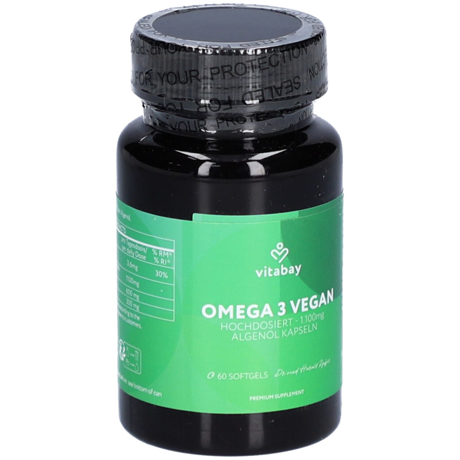 Schwarze Flasche mit grünem Etikett. Aufschrift: vitabay® Omega 3 Vegan, 1100mg Algenöl Kapseln. 60 Softgels.