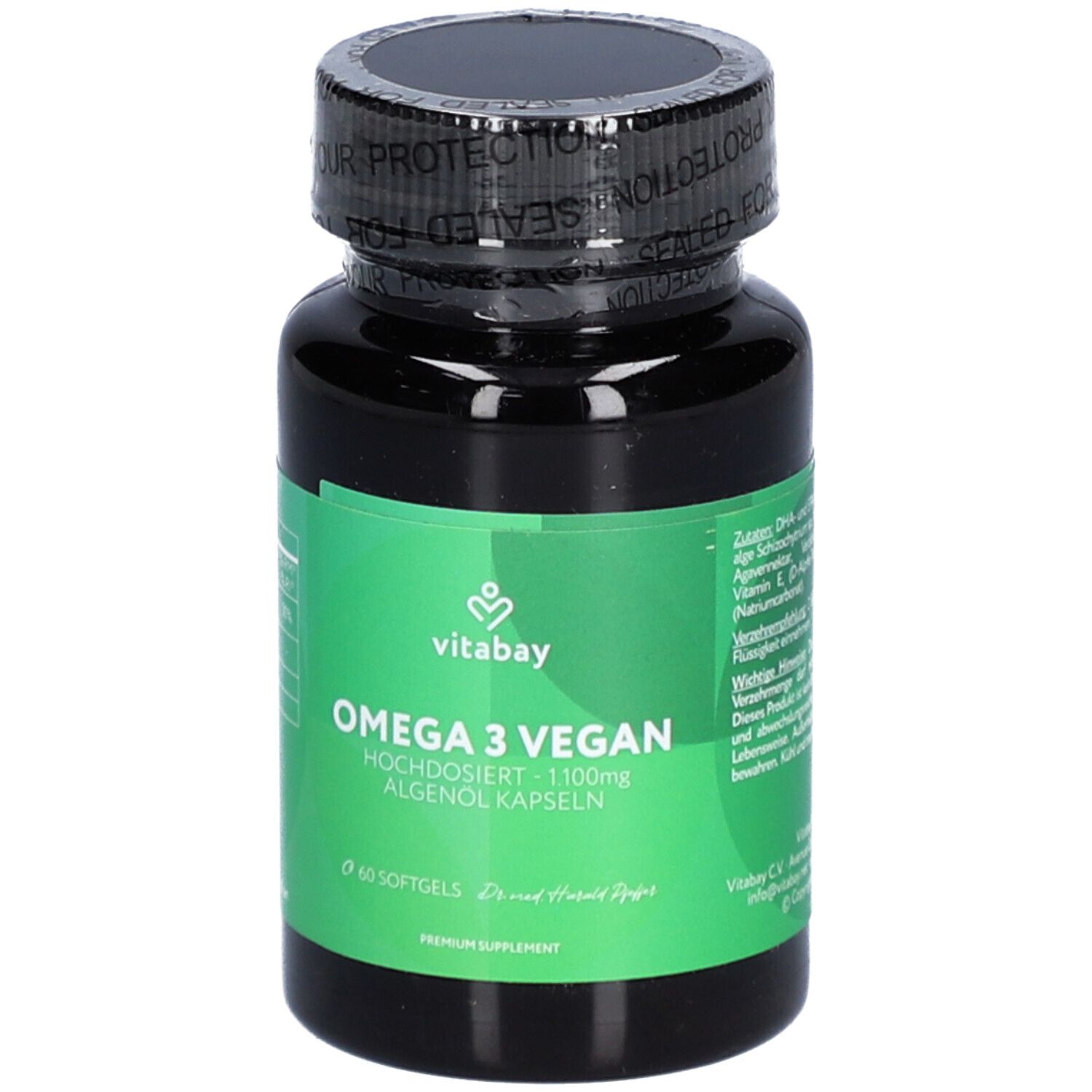 Schwarze Flasche mit grünem Etikett. Aufschrift: vitabay® Omega 3 Vegan, 1100mg Algenöl Kapseln. 60 Softgels.