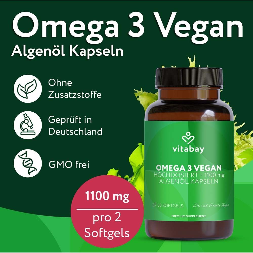Flasche "Omega 3 Vegan" mit Text. 1100 mg pro 2 Softgels. Ohne Zusatzstoffe, geprüft in Deutschland, GMO frei.
