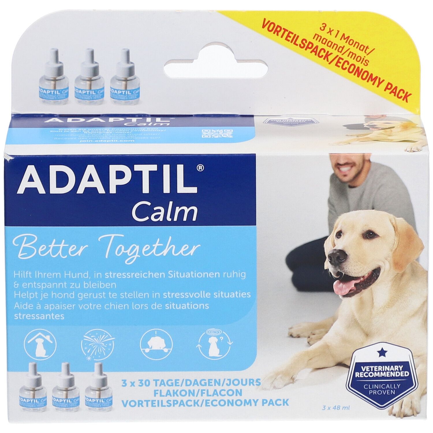 Verpackung mit ADAPTIL Calm Nachfüllflakons. Enthält 3 Flakons. Aufdruck: "Better Together". Mit Hund und Mann.