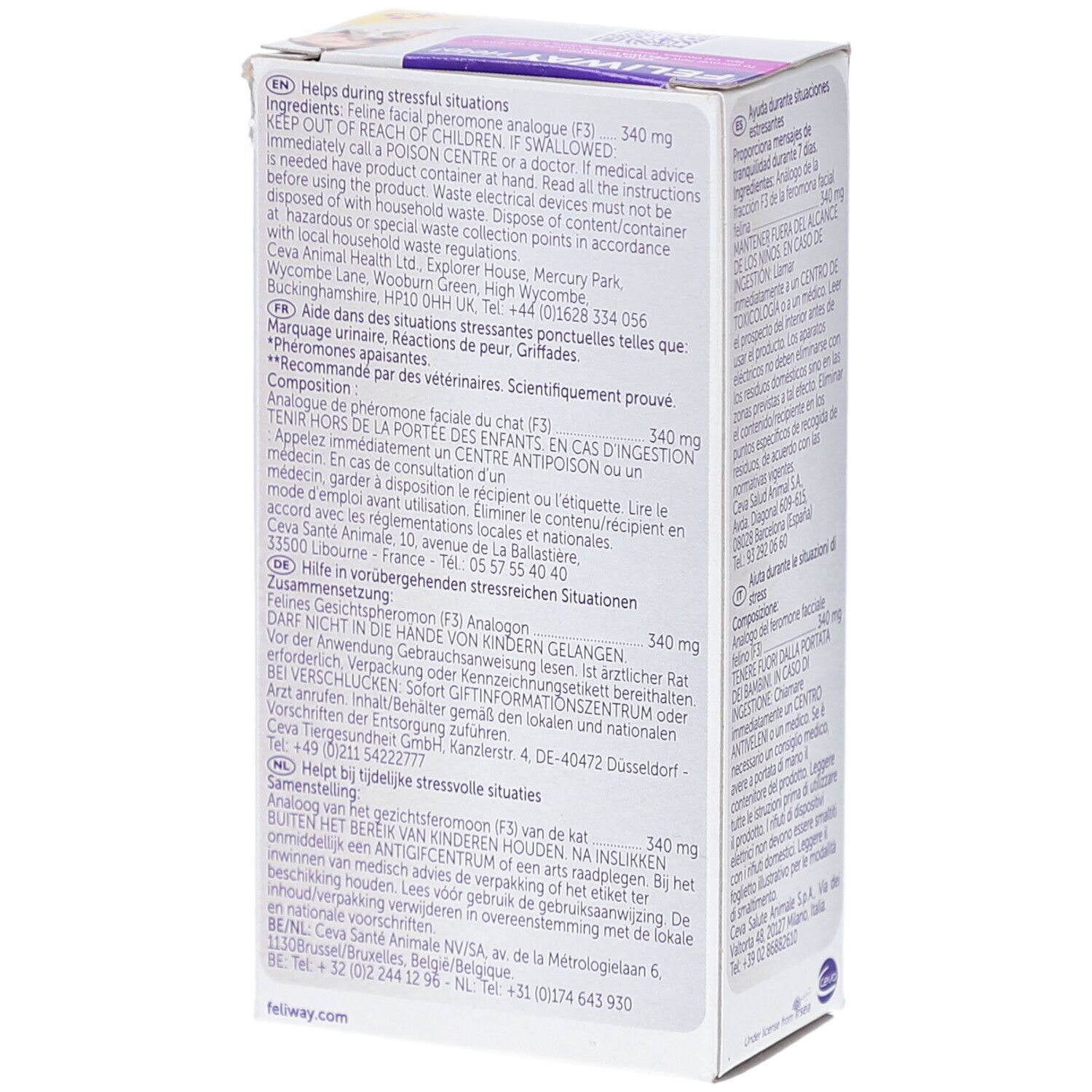Feliway Help! Verpackung. Text in Deutsch, Englisch, Französisch, Italienisch, Niederländisch, Schwedisch, Finnisch.