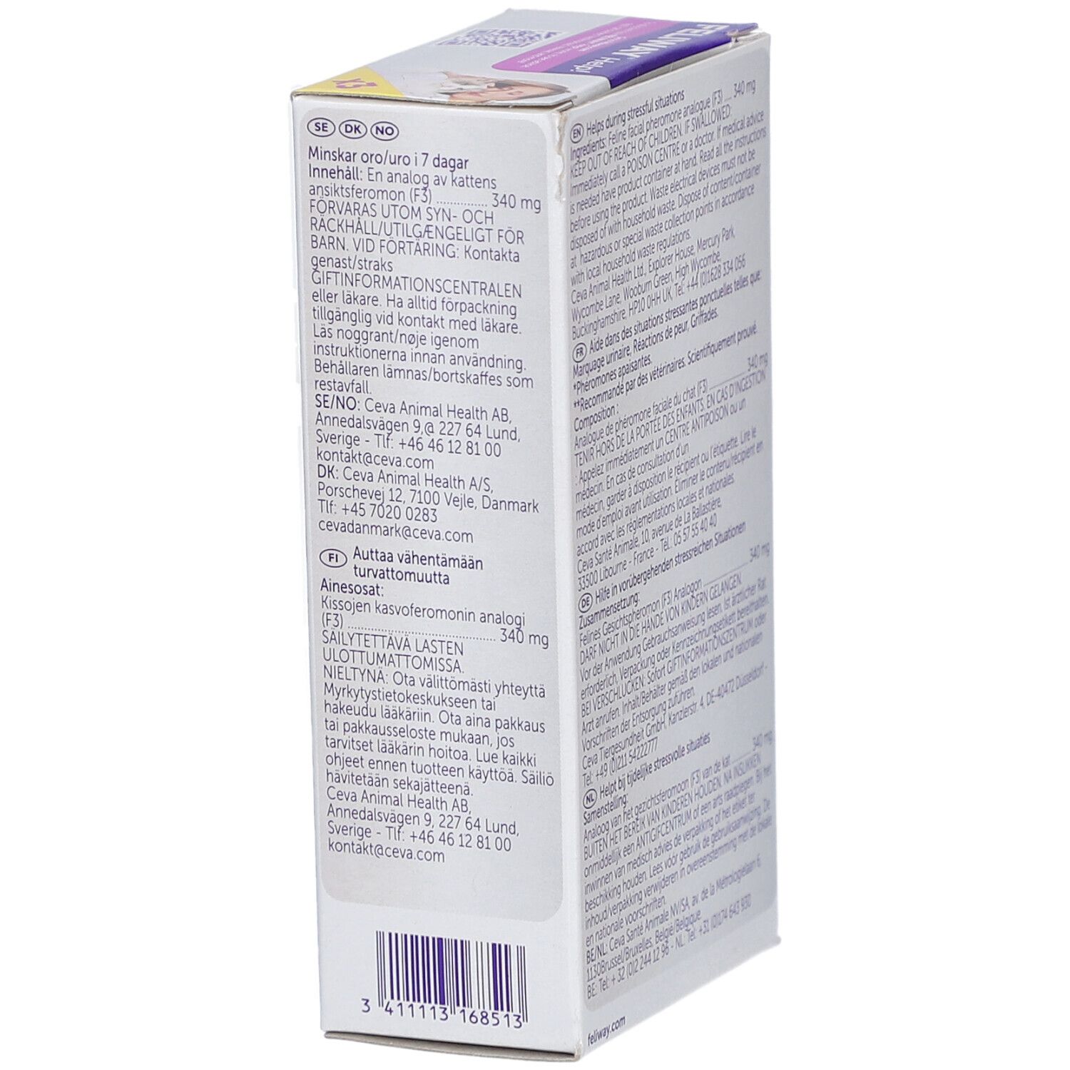 Feliway Help! Verpackung. Text in Deutsch, Englisch, Französisch, Italienisch, Niederländisch, Schwedisch, Finnisch.