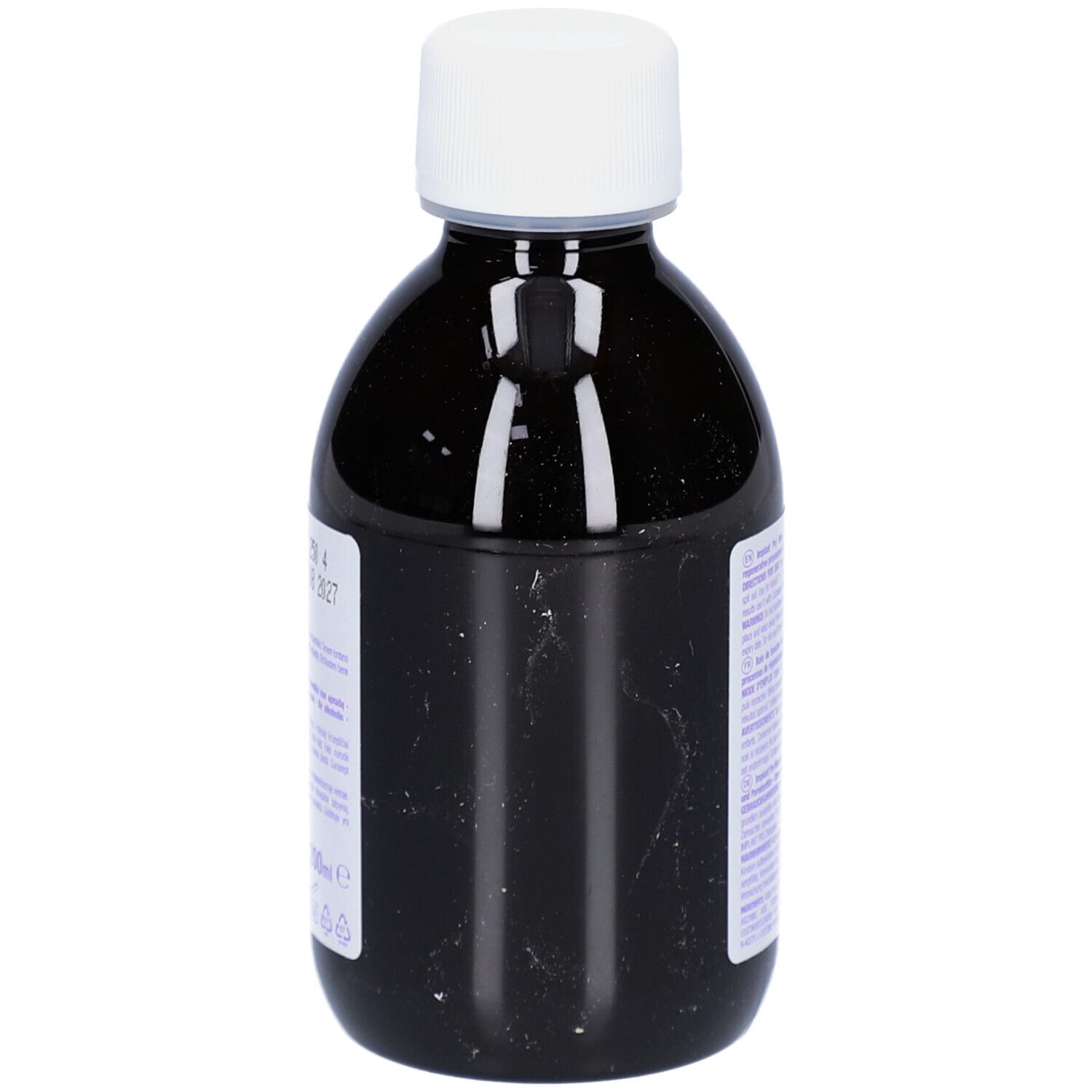 Dunkle Flasche mit weißem Deckel. Aufkleber mit Text. Produktname nicht sichtbar.