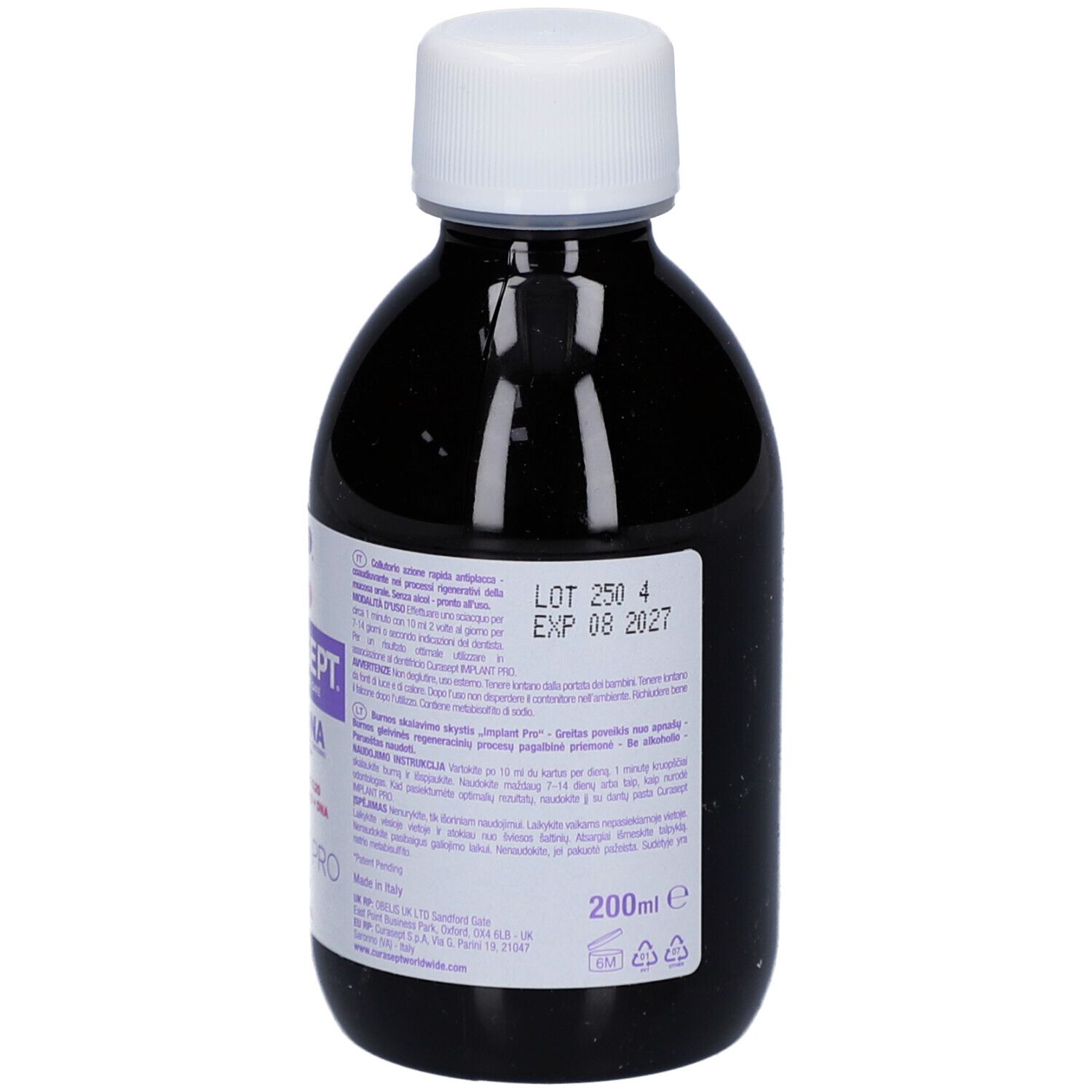 Dunkle Flasche mit weißem Deckel. Aufkleber mit Text. Volumen 200ml. Haltbarkeit bis 08/2027.