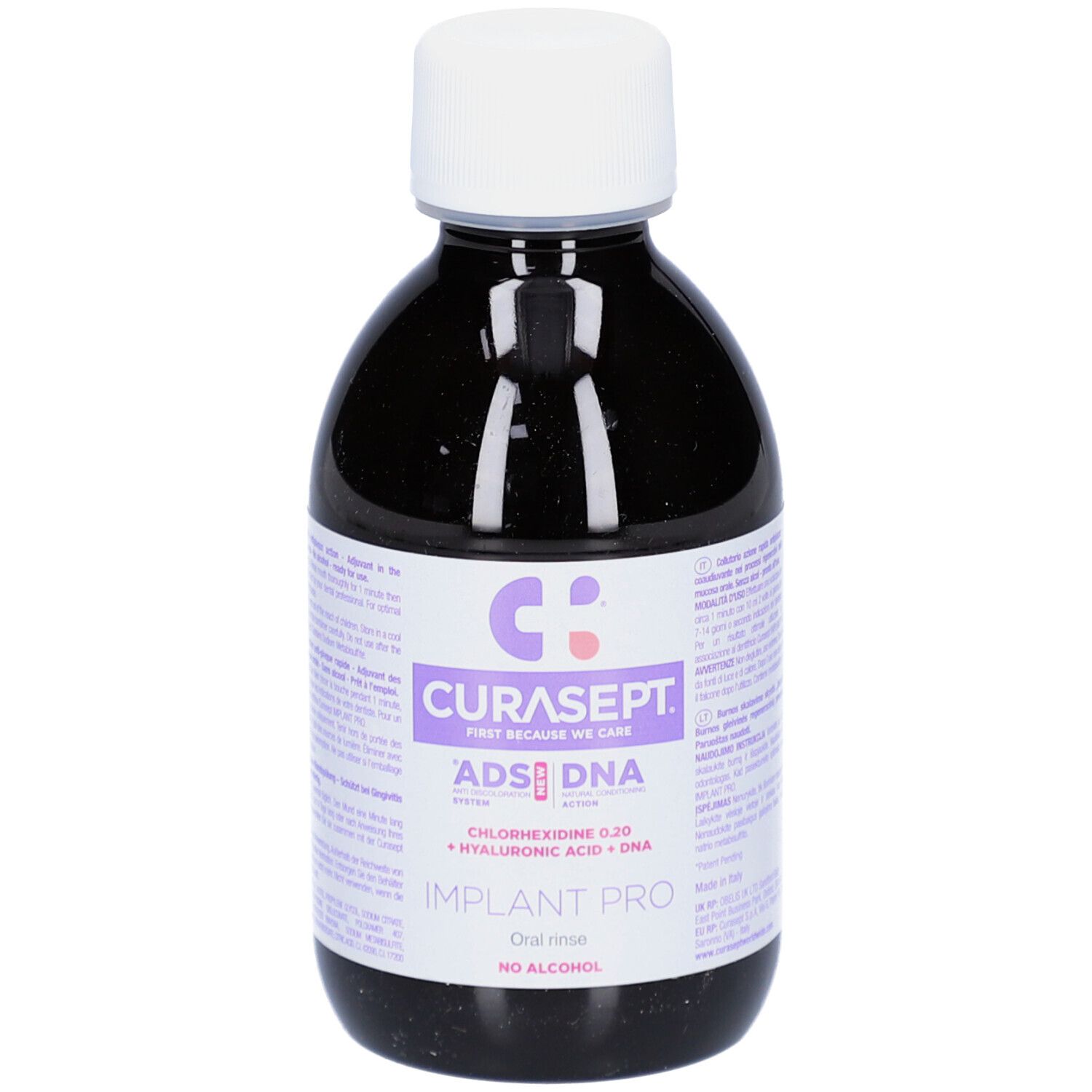 Dunkle Flasche mit weißem Deckel. Aufkleber mit Produktnamen CURASEPT ADS DNA. Mundspülung.