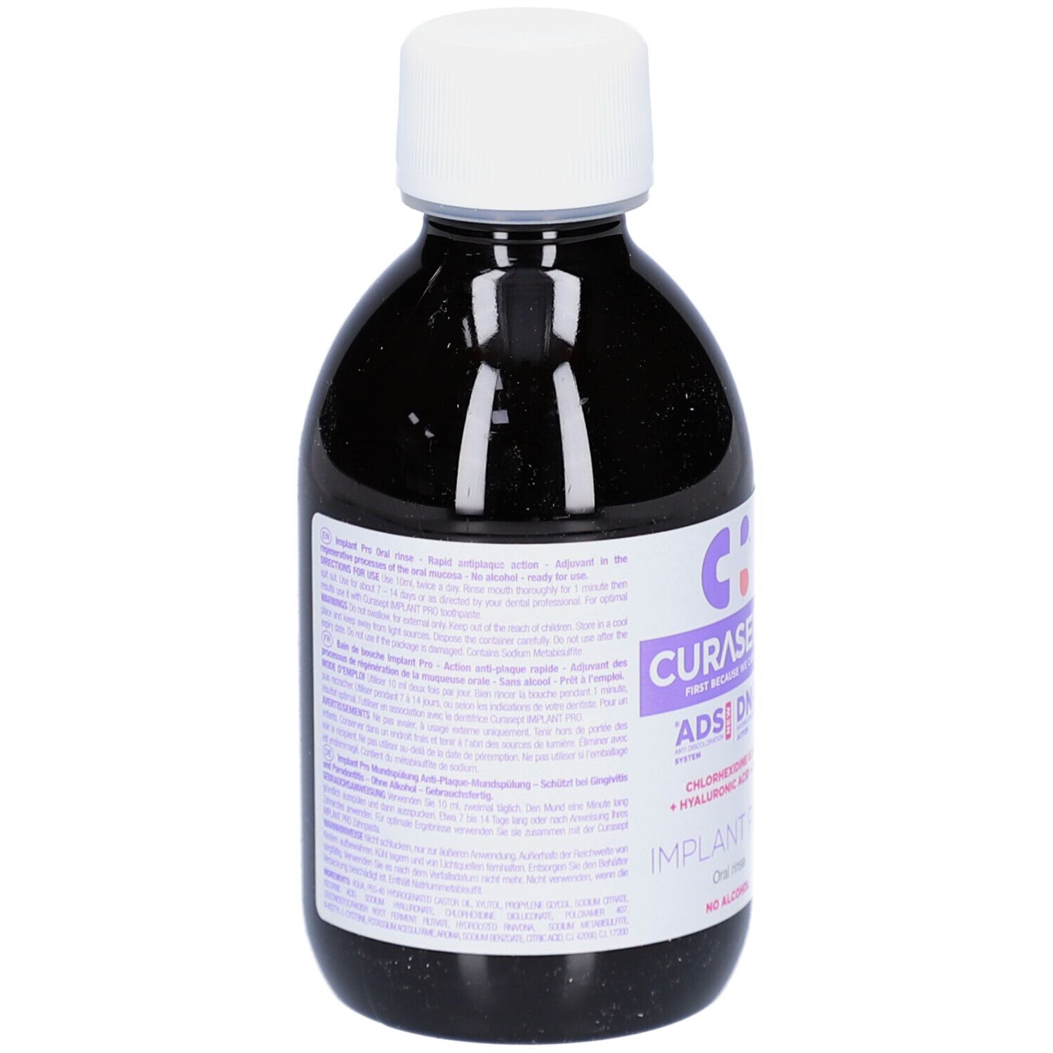 Dunkle Flasche mit weißem Deckel. Aufkleber mit Produktnamen CURASEPT ADS DNA. Mundspülung.