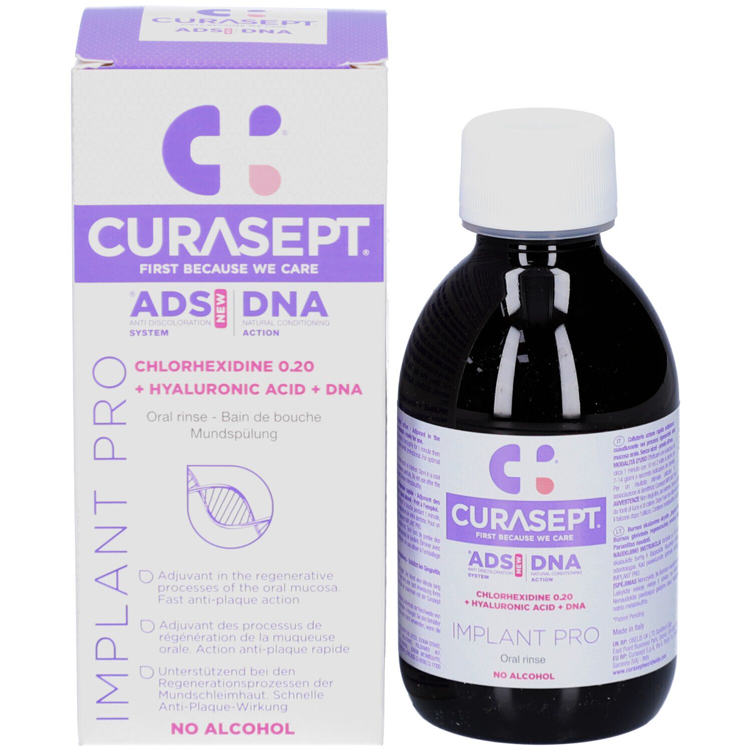 Produktflasche und Verpackung. CURASEPT ADS DNA, Mundspülung. Weiße Verpackung mit Text und Logo.