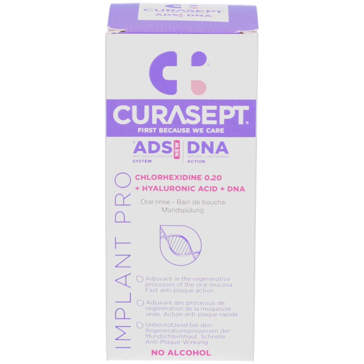Weiße Verpackung mit Text und Logo. CURASEPT ADS DNA, Mundspülung. Produktname und Inhaltsstoffe.