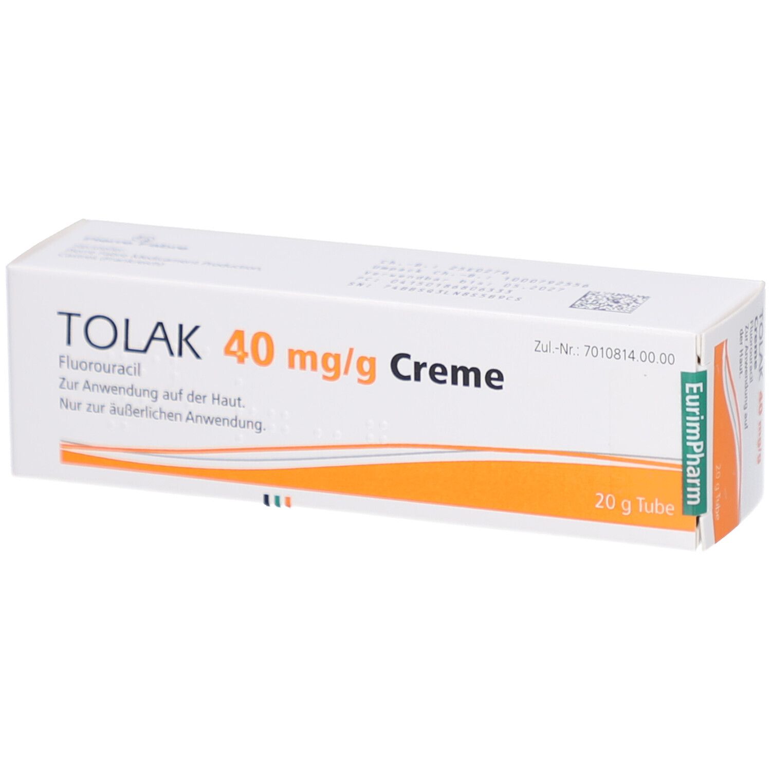 Weiße Faltschachtel mit TOLAK 40 mg/g Creme. Orangefarbener Akzent. Text: Fluorouracil, Zur Anwendung auf der Haut. 20 g Tube.