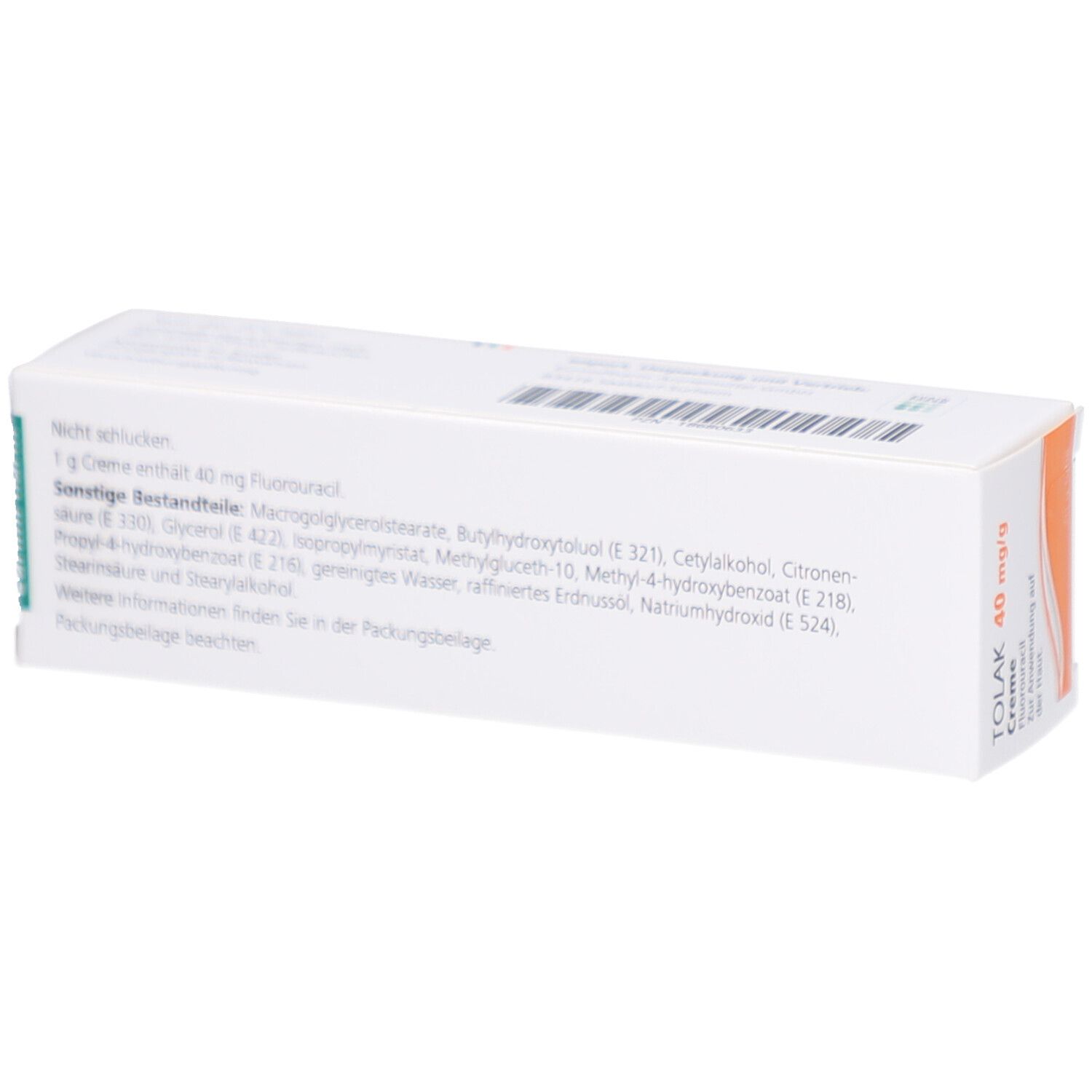 Rückseite der weißen Faltschachtel mit TOLAK 40 mg/g Creme. Text: Inhaltsstoffe, 1 g Creme enthält 40 mg Fluorouracil. Weitere Informationen.