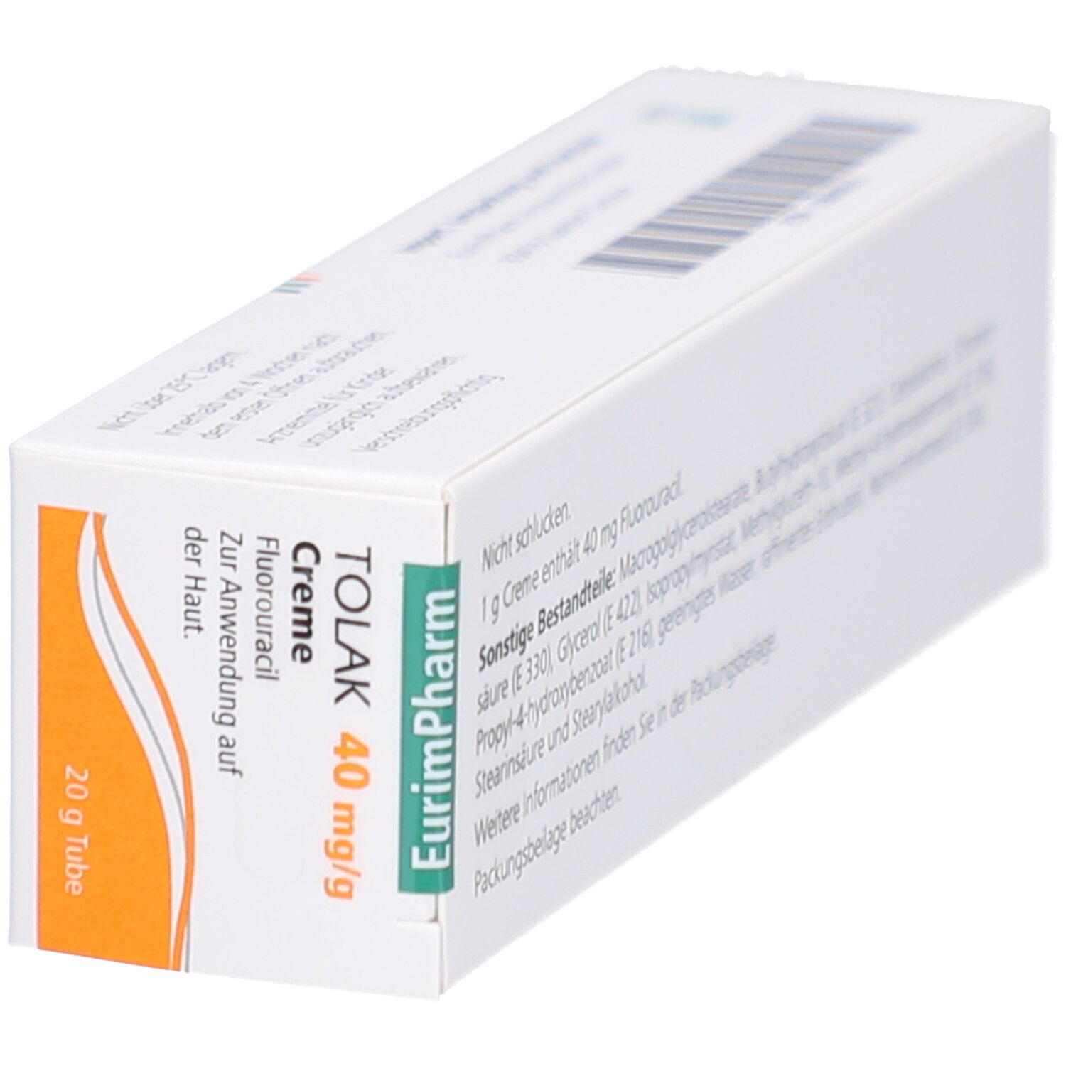 Weiße Faltschachtel mit TOLAK 40 mg/g Creme. Orangefarbener Akzent. Text: Fluorouracil, Zur Anwendung auf der Haut. 20 g Tube. Eurimpharm Logo.