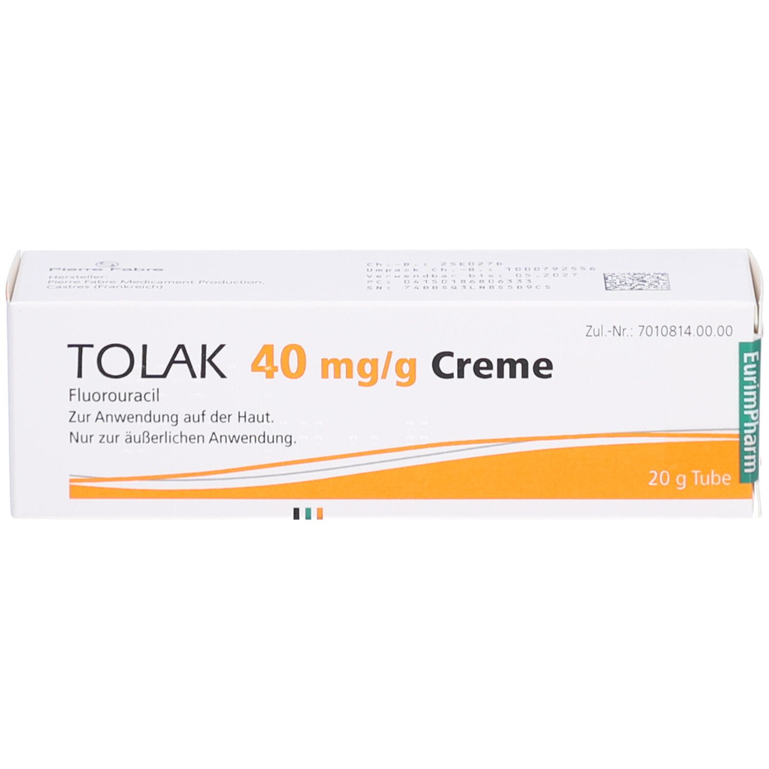 Weiße Faltschachtel mit TOLAK 40 mg/g Creme. Text: Fluorouracil, Zur Anwendung auf der Haut. 20 g Tube. Zul.-Nr.: 7010814.00.00.