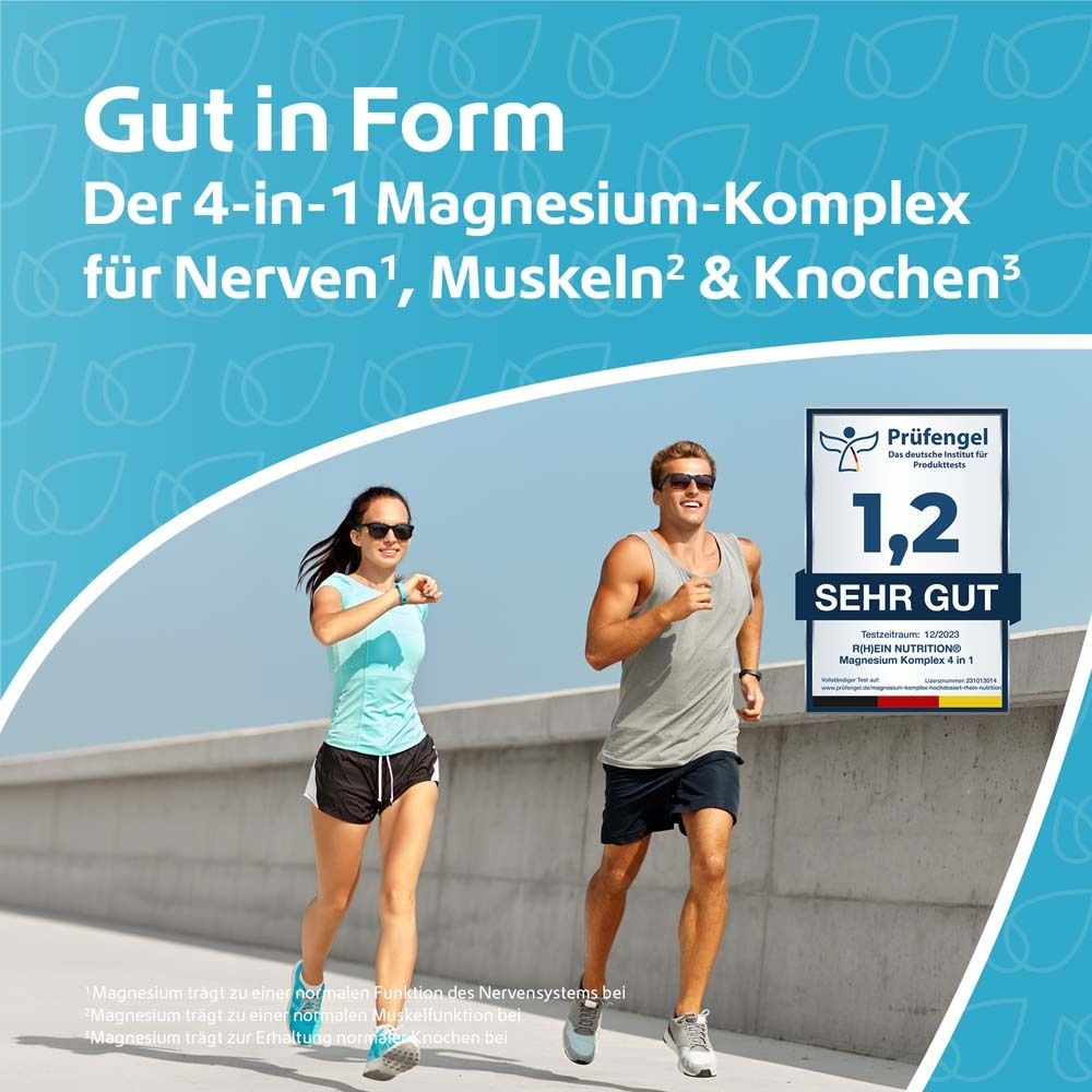 Zwei Personen joggen. Text: Der 4-in-1 Magnesium-Komplex für Nerven, Muskeln & Knochen. Prüfengel-Siegel.