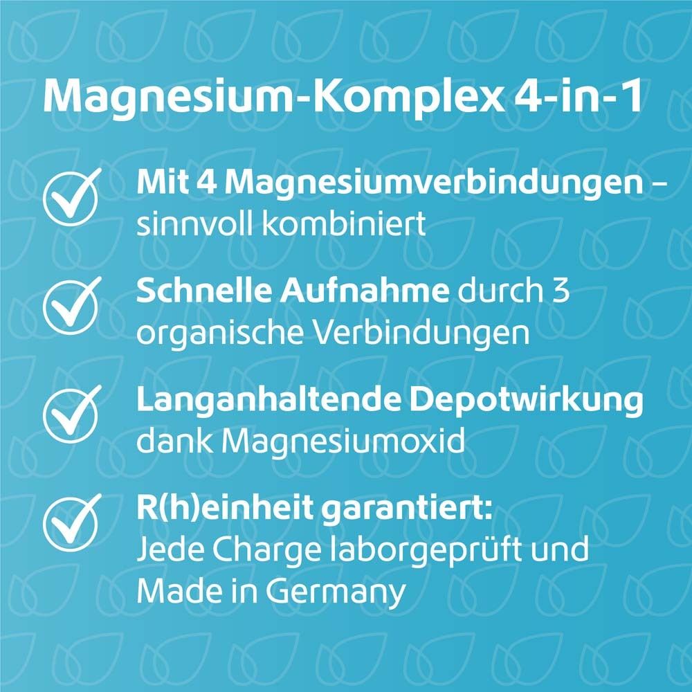 Text auf blauem Hintergrund: Magnesium-Komplex 4-in-1. 4 Magnesiumverbindungen, schnelle Aufnahme, Depotwirkung, R(h)einheit garantiert.