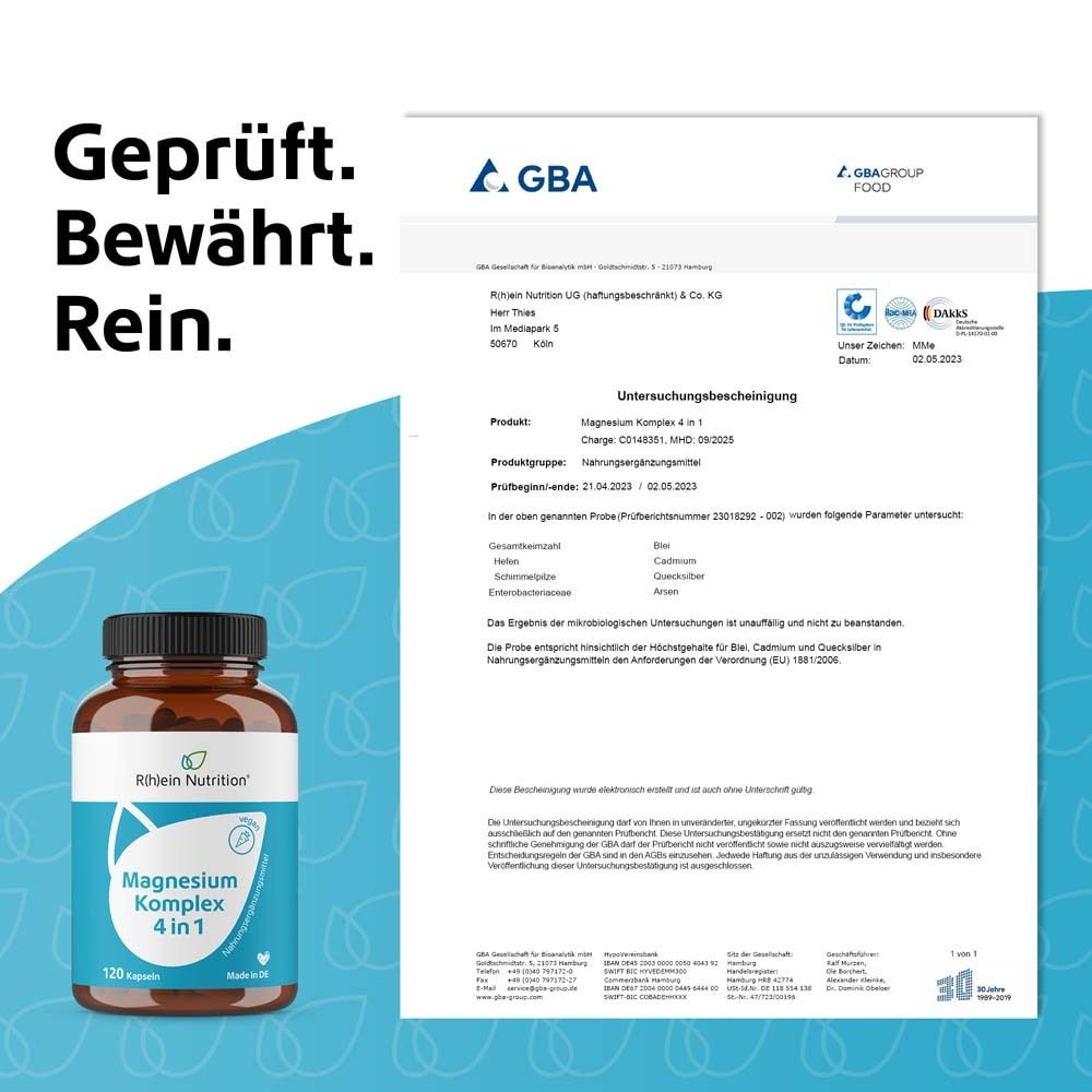 Braune Flasche mit Kapseln und GBA-Zertifikat. Text: Geprüft. Bewährt. Rein. Magnesium Komplex 4 in 1.