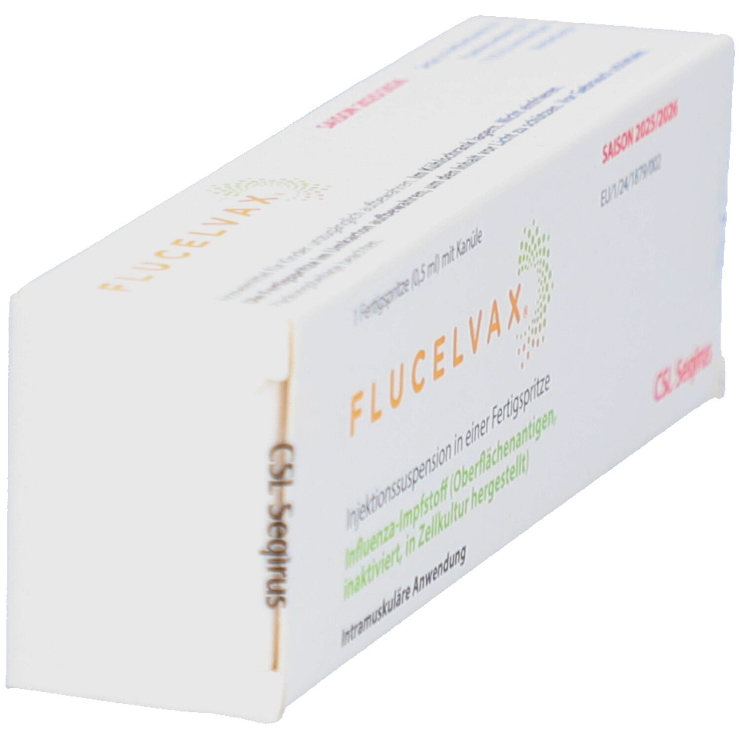 Weiße Verpackung mit FLUCELVAX. Saison 2025/2026. Text: Injektionssuspension in Fertigspritze. CSL Seqirus.