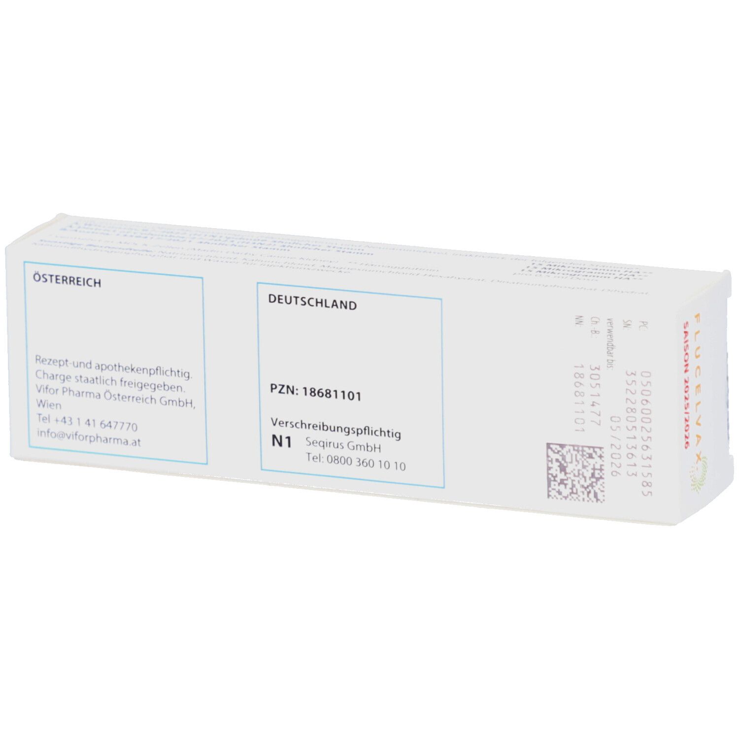 Weiße Verpackung mit Texten. Aufschrift: Österreich, Deutschland. PZN: 18681101. CSL Seqirus.