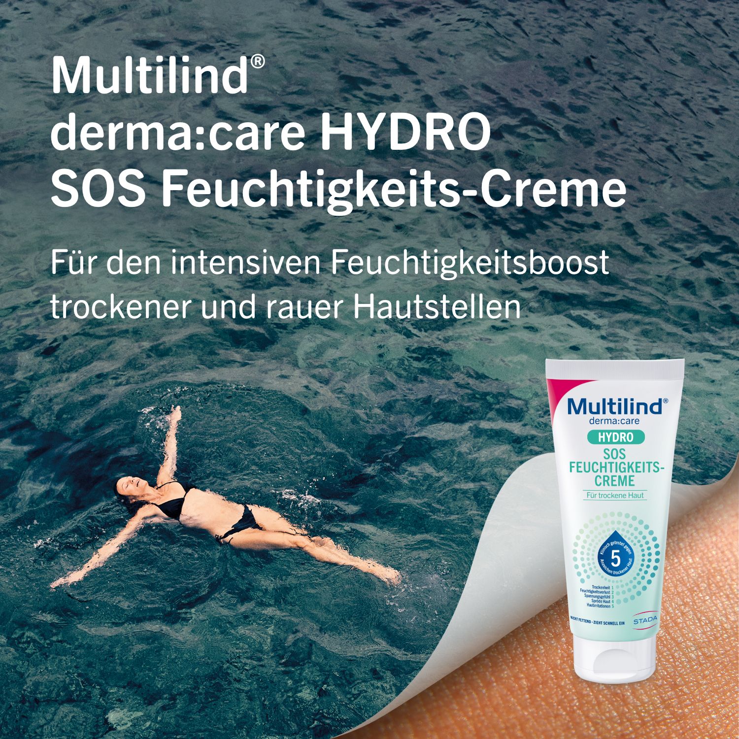 Multilind® derma:care HYDRO SOS Feuchtigkeitscreme: Intensive Feuchtigkeit. Für trockene, raue Hautstellen. Pflegt mit Ceramide NP, Panthenol, Glyzerin, Rizinusöl, Beerenwachs