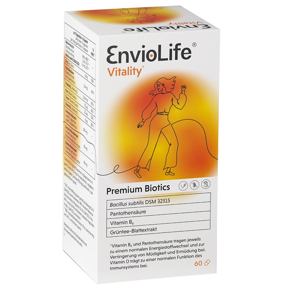 EnvioLife Vitality Premium Biotics-Verpackung. Enthält 60 Kapseln. Aufdruck mit Inhaltsstoffen und Nährwertangaben.