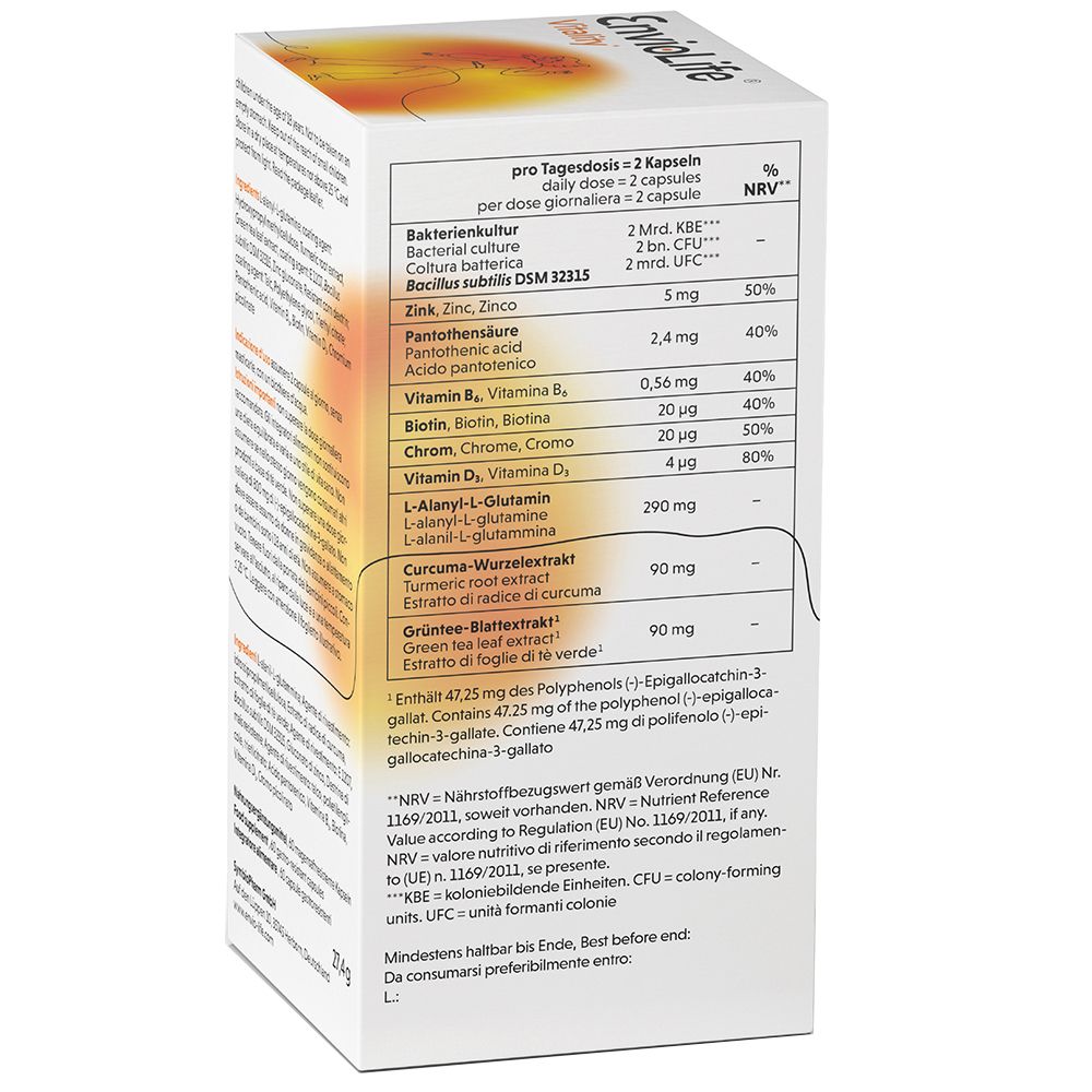 Rückseite der EnvioLife Vitality-Verpackung. Enthält Informationen zu Inhaltsstoffen, Nährwerten und Verzehrempfehlungen.