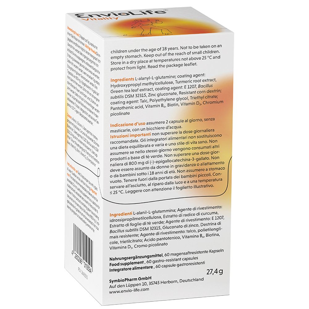 Seite der EnvioLife Vitality-Verpackung. Enthält Informationen zu Inhaltsstoffen und Verzehrempfehlungen in Italienisch.