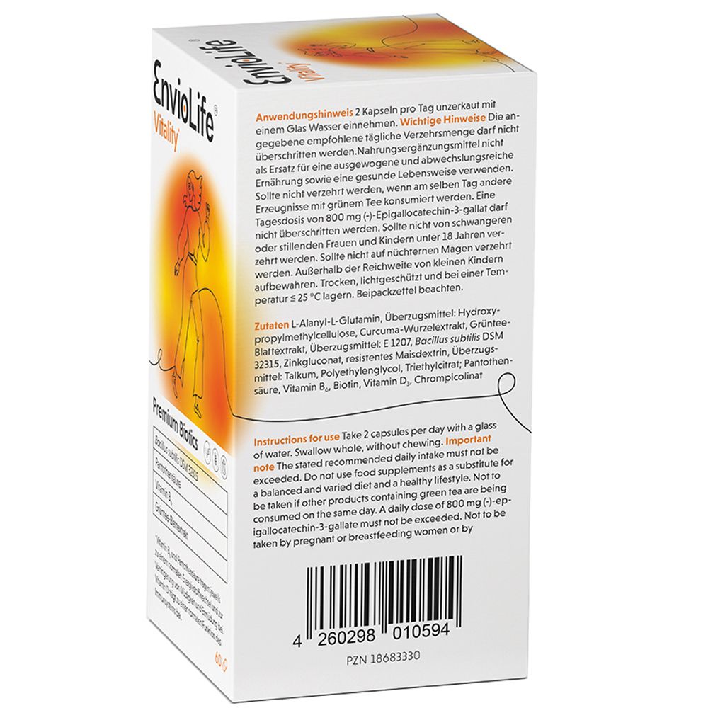 Seite der EnvioLife Vitality-Verpackung. Enthält Informationen zur Anwendung in Deutsch und Englisch.