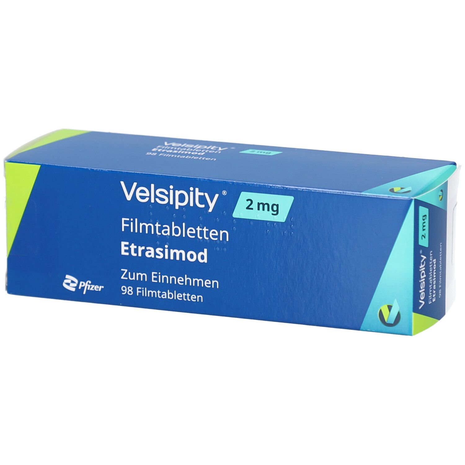 Blau-grüne Schachtel mit Aufschrift Velsipity 2 mg Filmtabletten, Etasimod, 98 Filmtabletten. Pfizer-Logo.